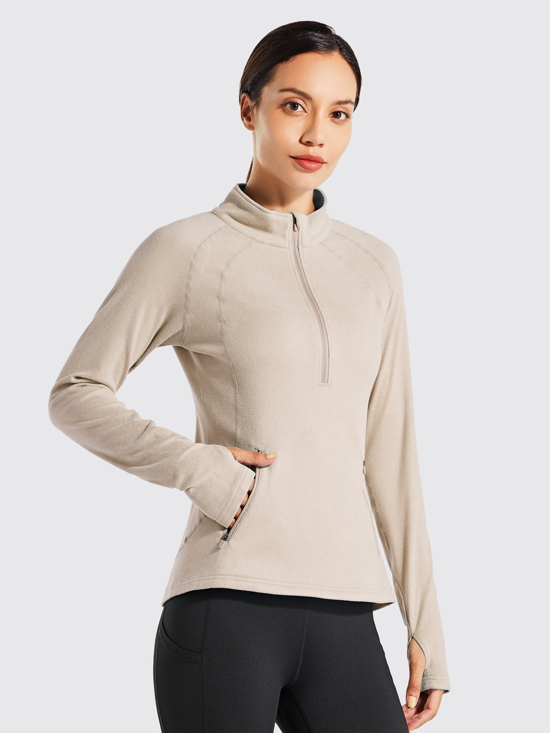 Willit Women's Fleece Pullover Half Zip_Milktea1