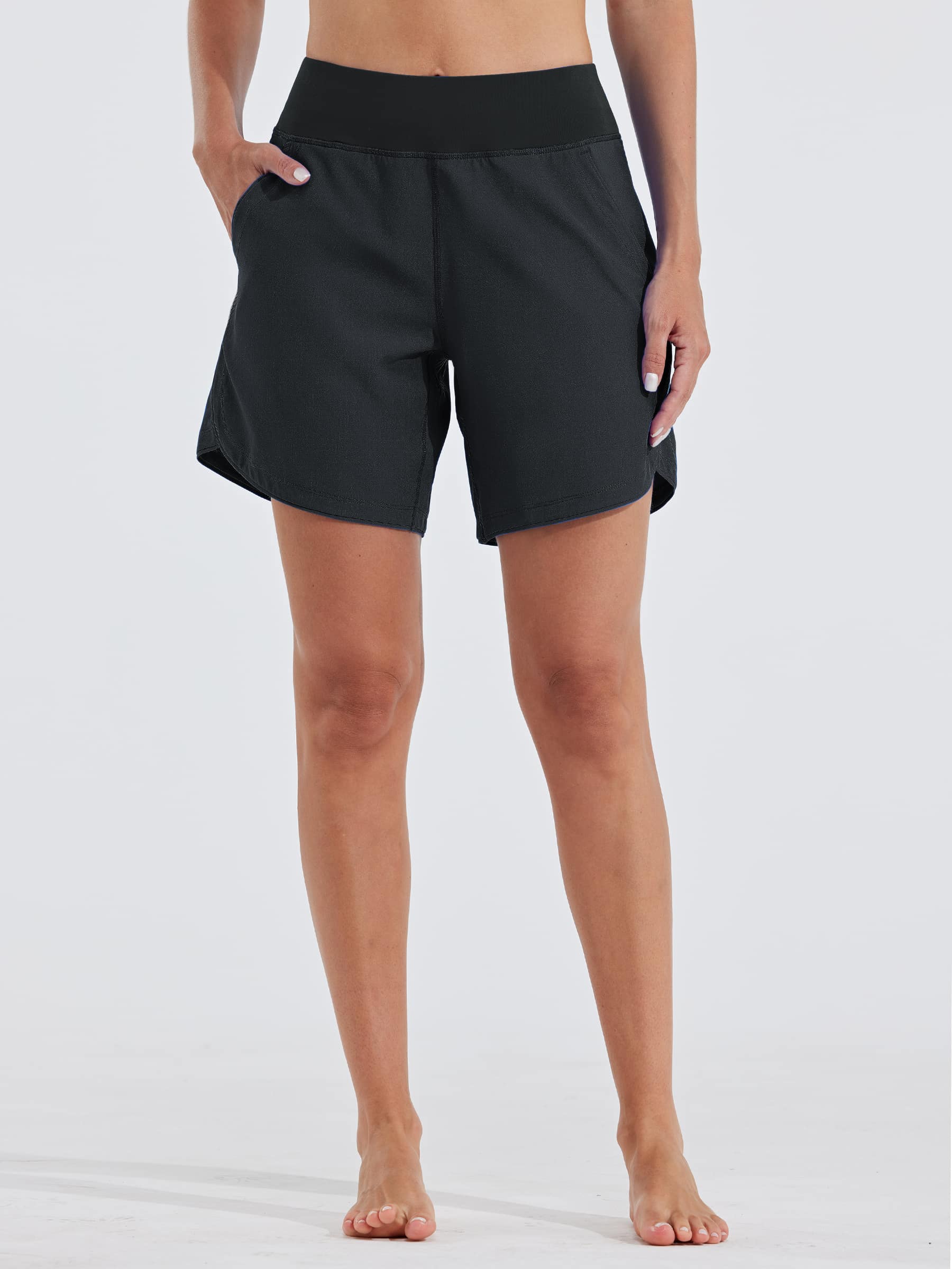 Women's High Waist Swim Board Shorts_Black1