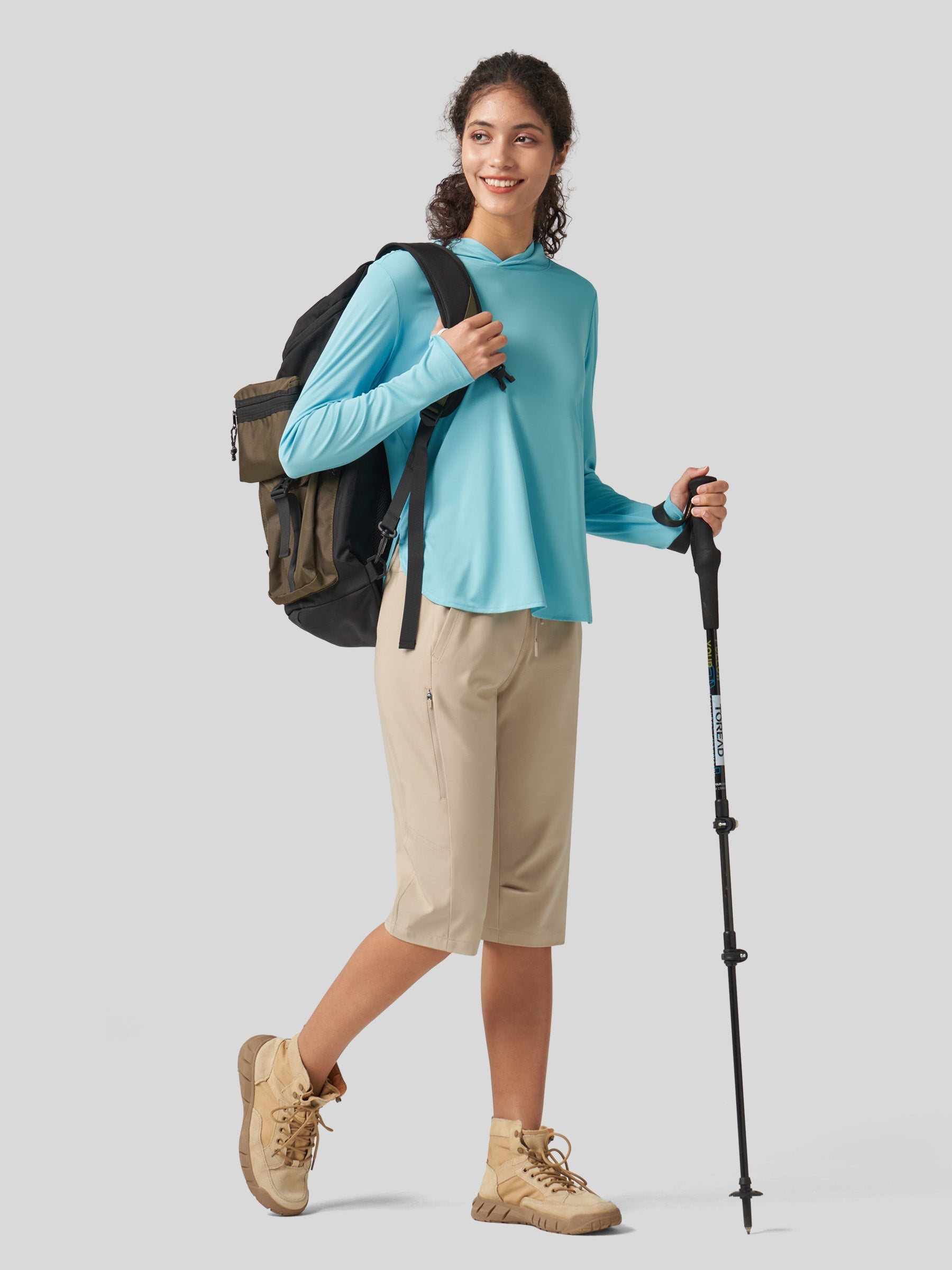 Willit Women's 15 Inch Long Hiking Shorts in khaki4