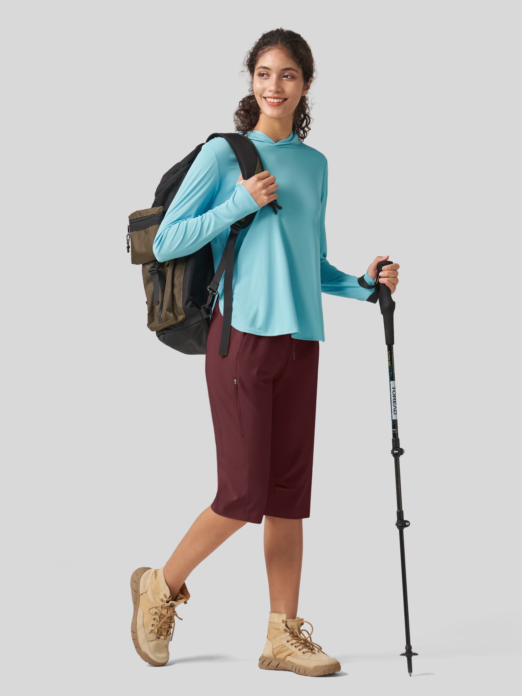 Willit Women's 15 Inch Long Hiking Shorts in wine red4