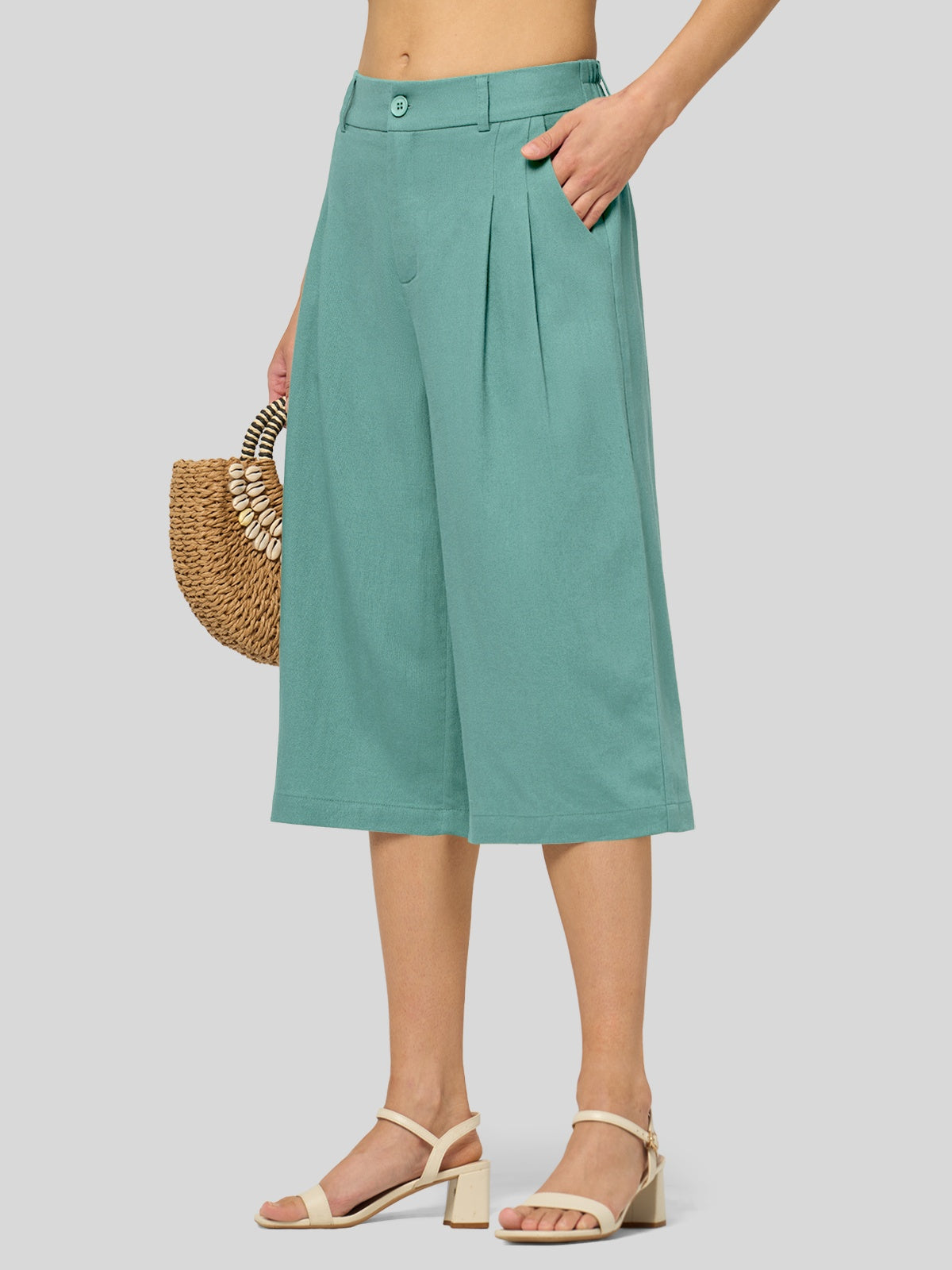 Willit Women's Cotton Linen Pleated Capri 16 Inch_lake green