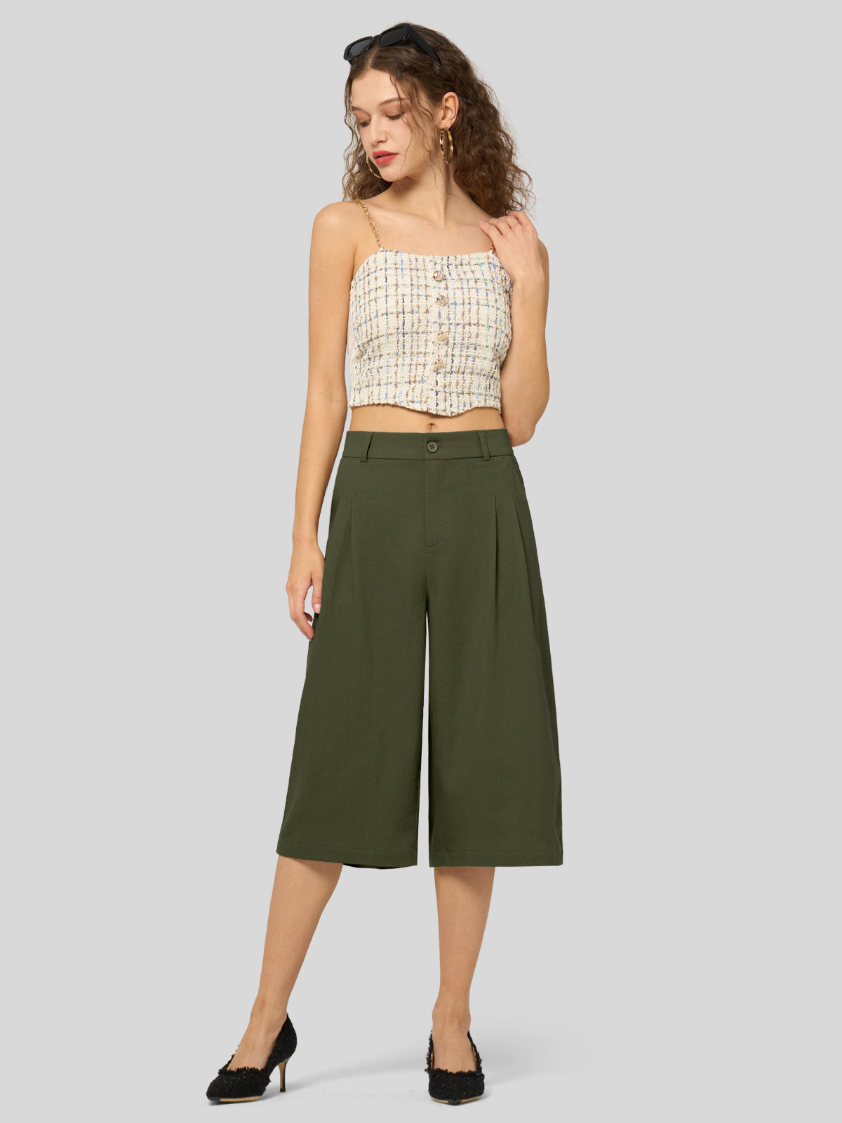 Willit Women's Cotton Linen Pleated Capri 16 Inch_army green