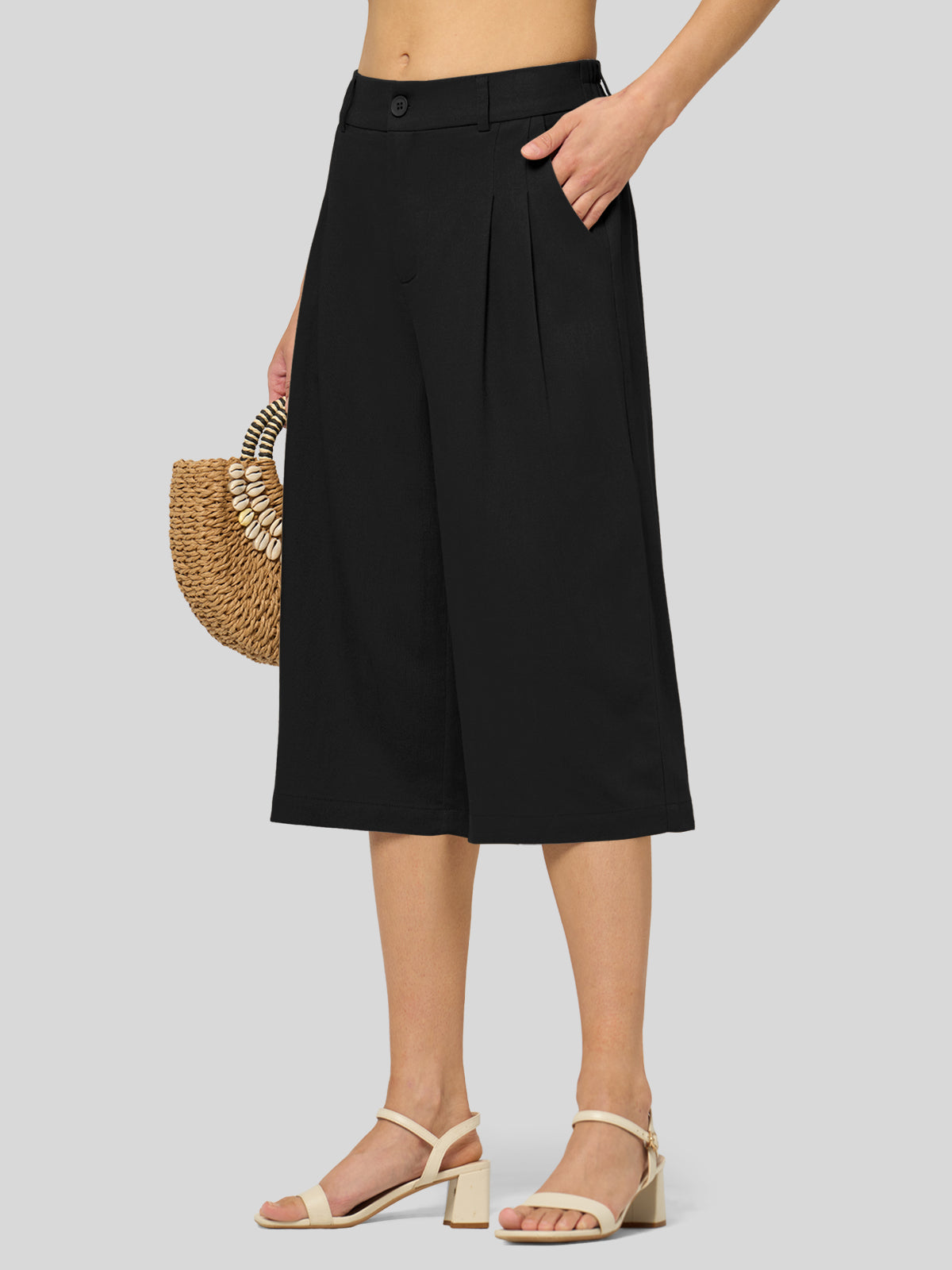 Willit Women's Cotton Linen Pleated Capri 16 Inch_balck