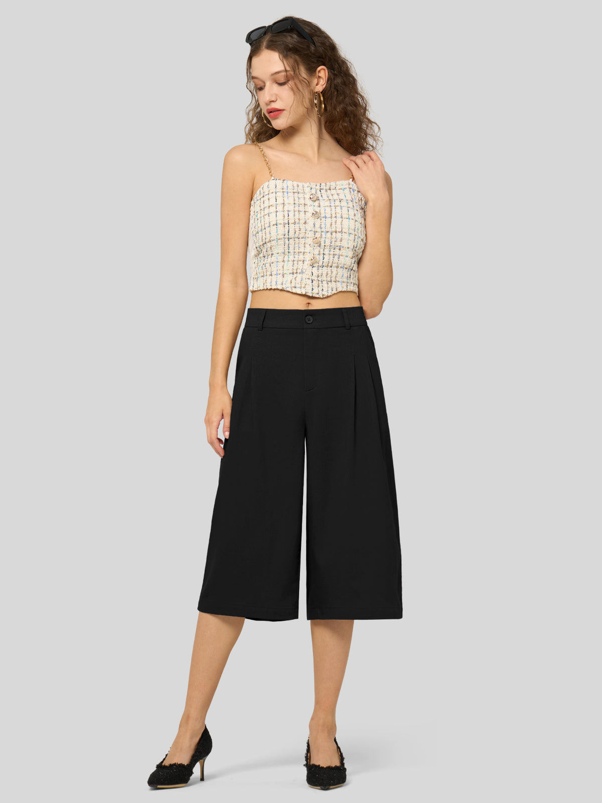 Willit Women's Cotton Linen Pleated Capri 16 Inch_balck