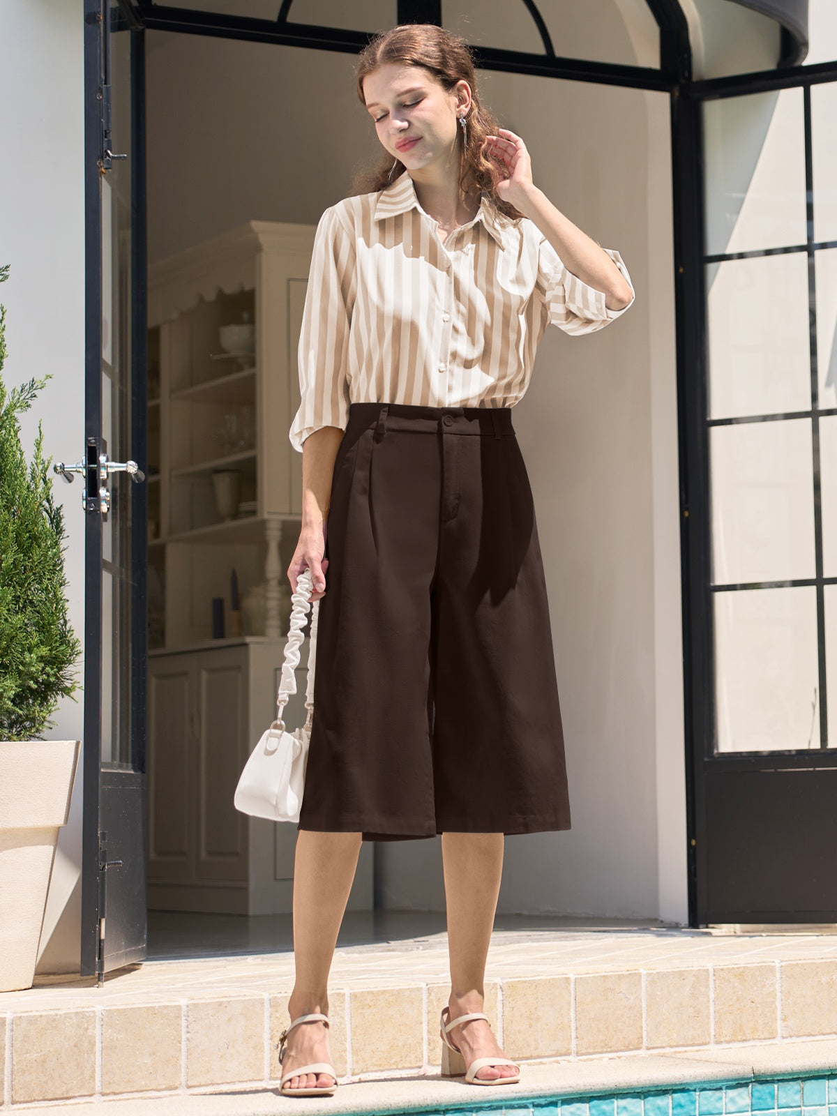 Willit Women's Cotton Linen Pleated Capri 16 Inch_dark brown