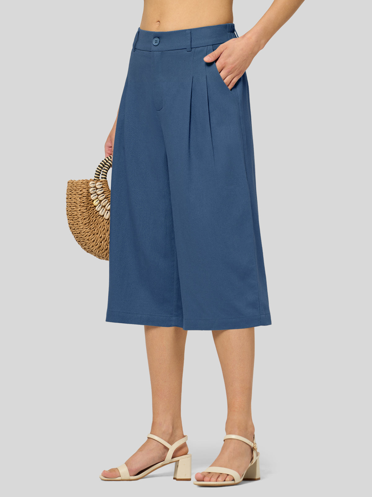 Willit Women's Cotton Linen Pleated Capri 16 Inch_denimblue