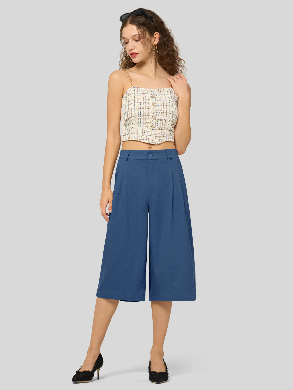 Willit Women's Cotton Linen Pleated Capri 16 Inch_denimblue