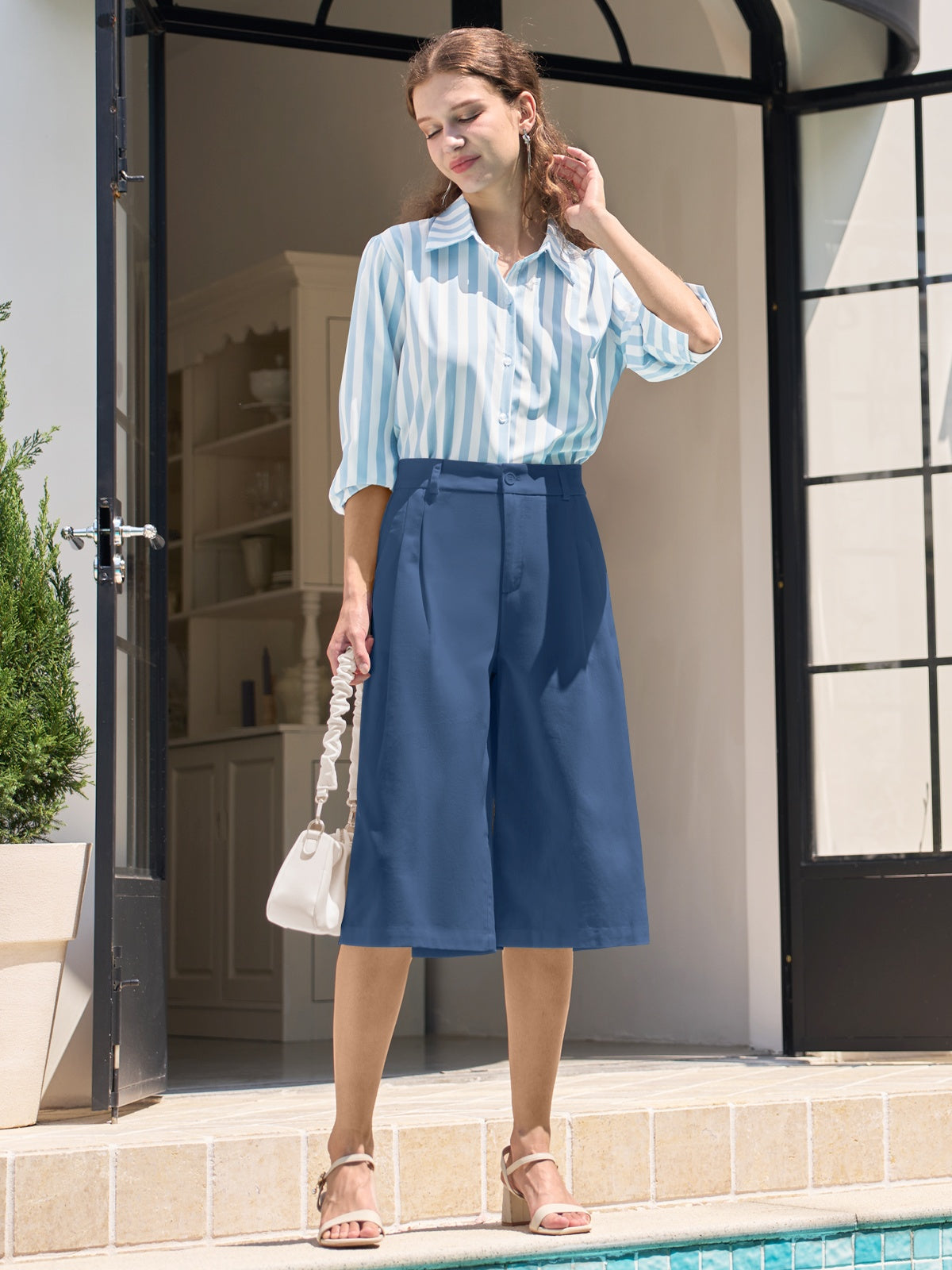 Willit Women's Cotton Linen Pleated Capri 16 Inch_denimblue