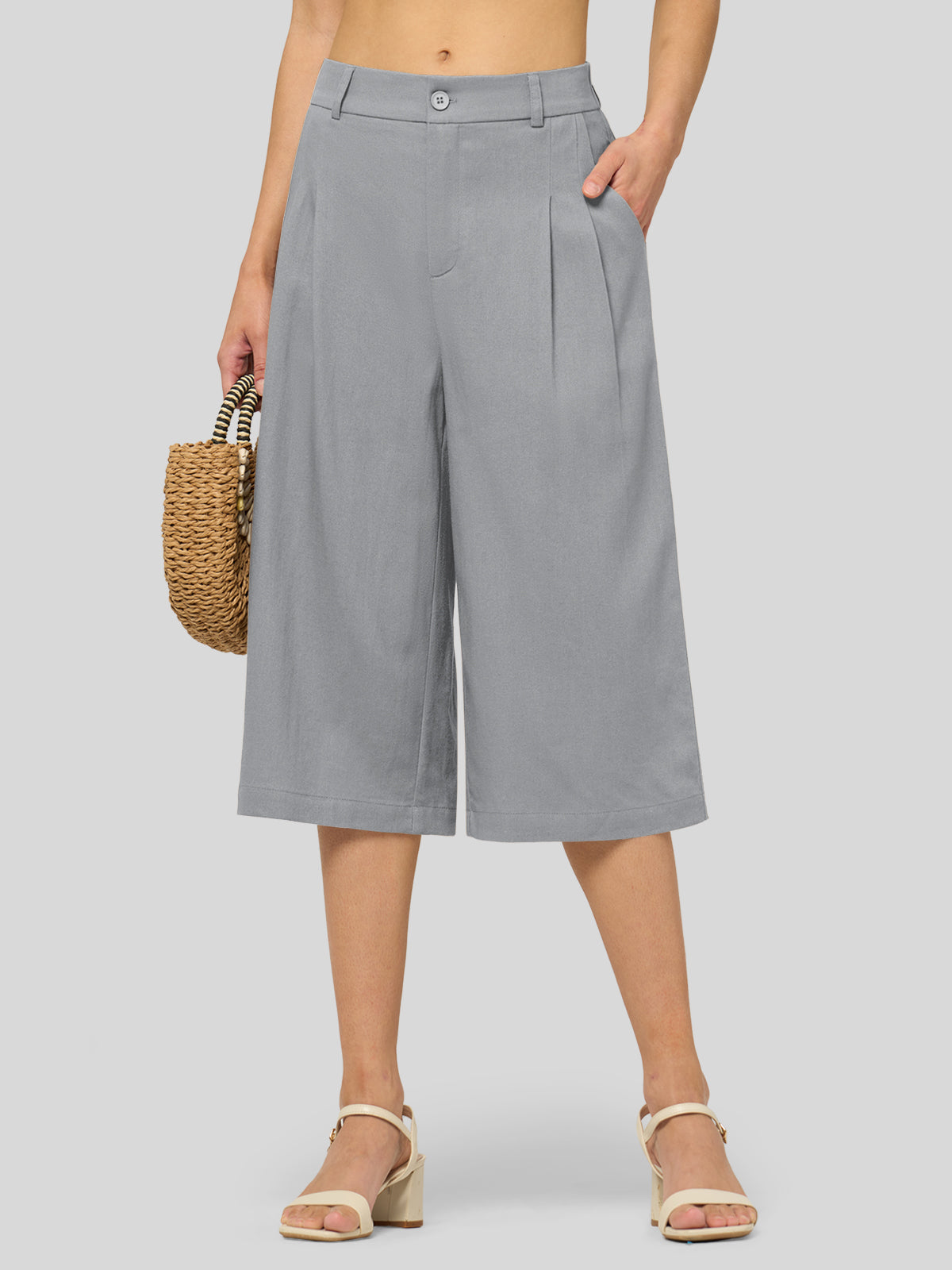 Willit Women's Cotton Linen Pleated Capri 16 Inch_light gray