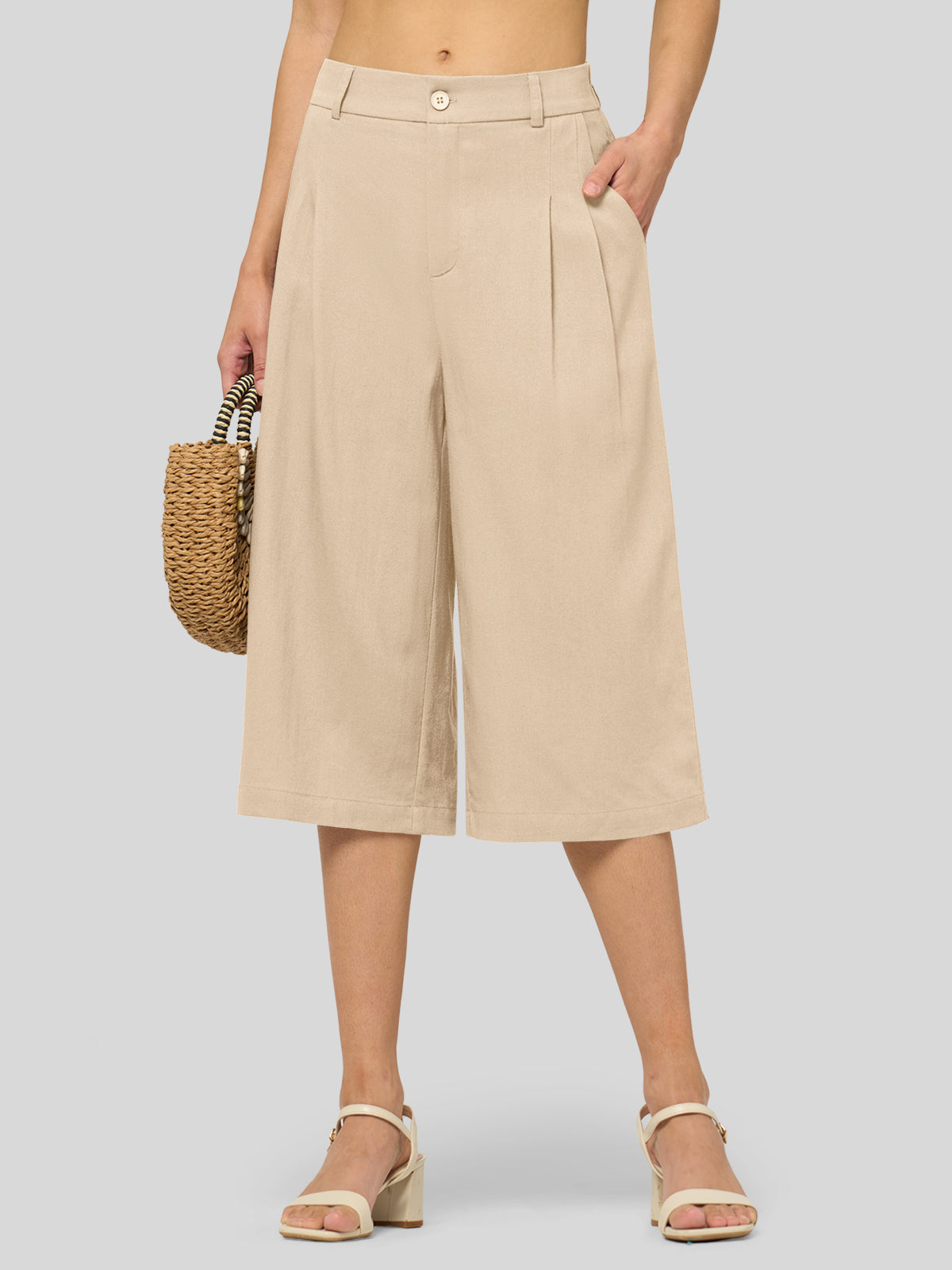 Willit Women's Cotton Linen Pleated Capri 16 Inch_light khaki