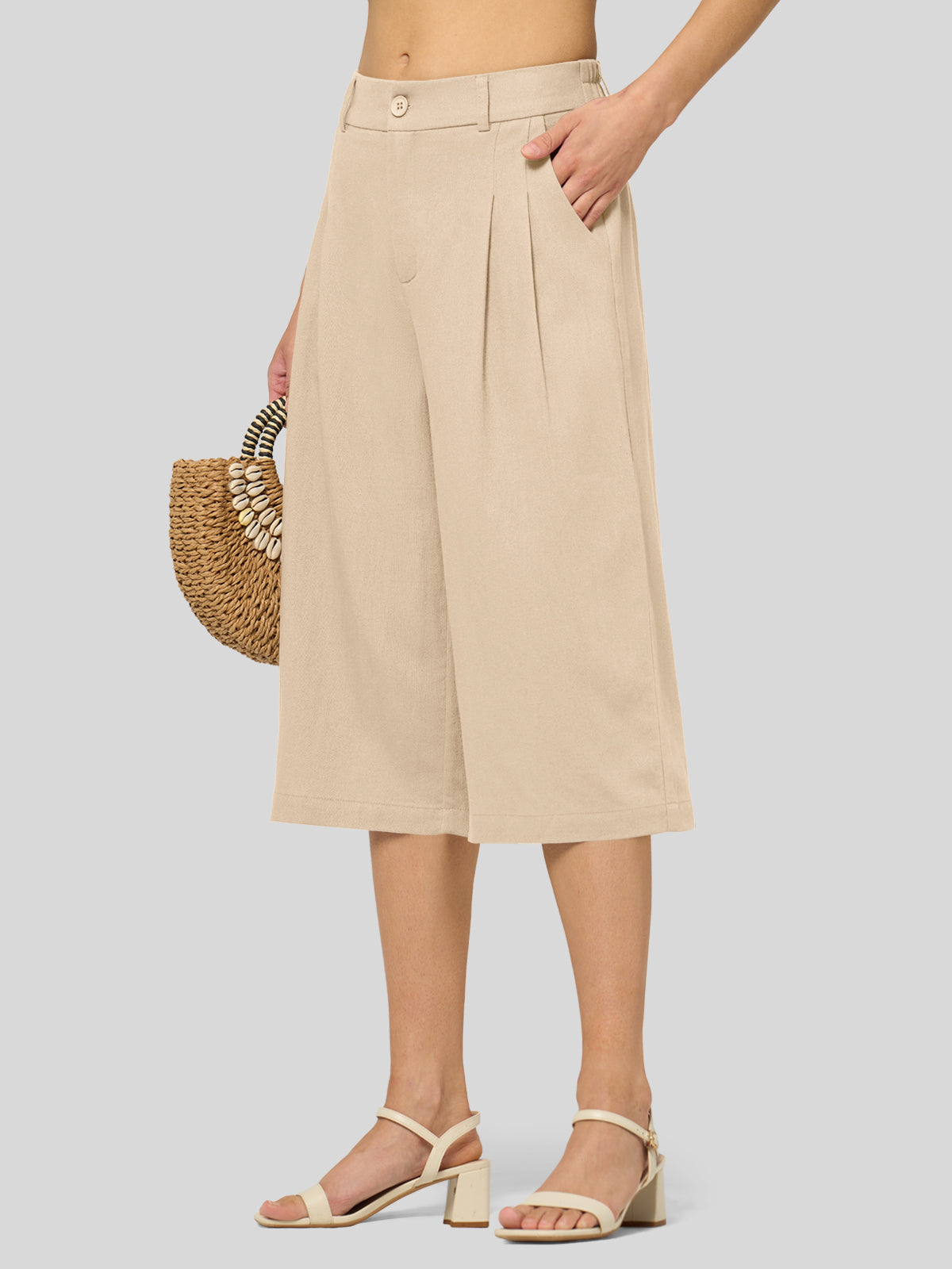 Willit Women's Cotton Linen Pleated Capri 16 Inch_light khaki