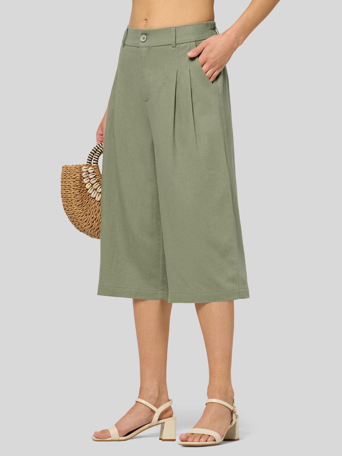 Willit Women's Cotton Linen Pleated Capri 16 Inch_sage green