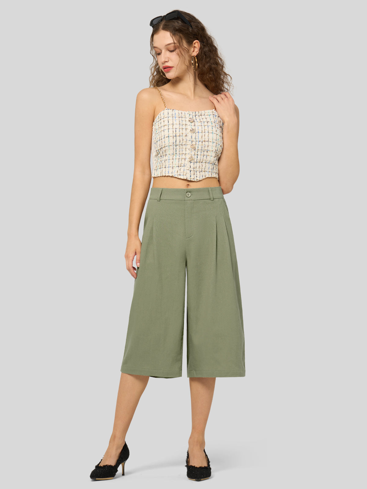 Willit Women's Cotton Linen Pleated Capri 16 Inch_sage green