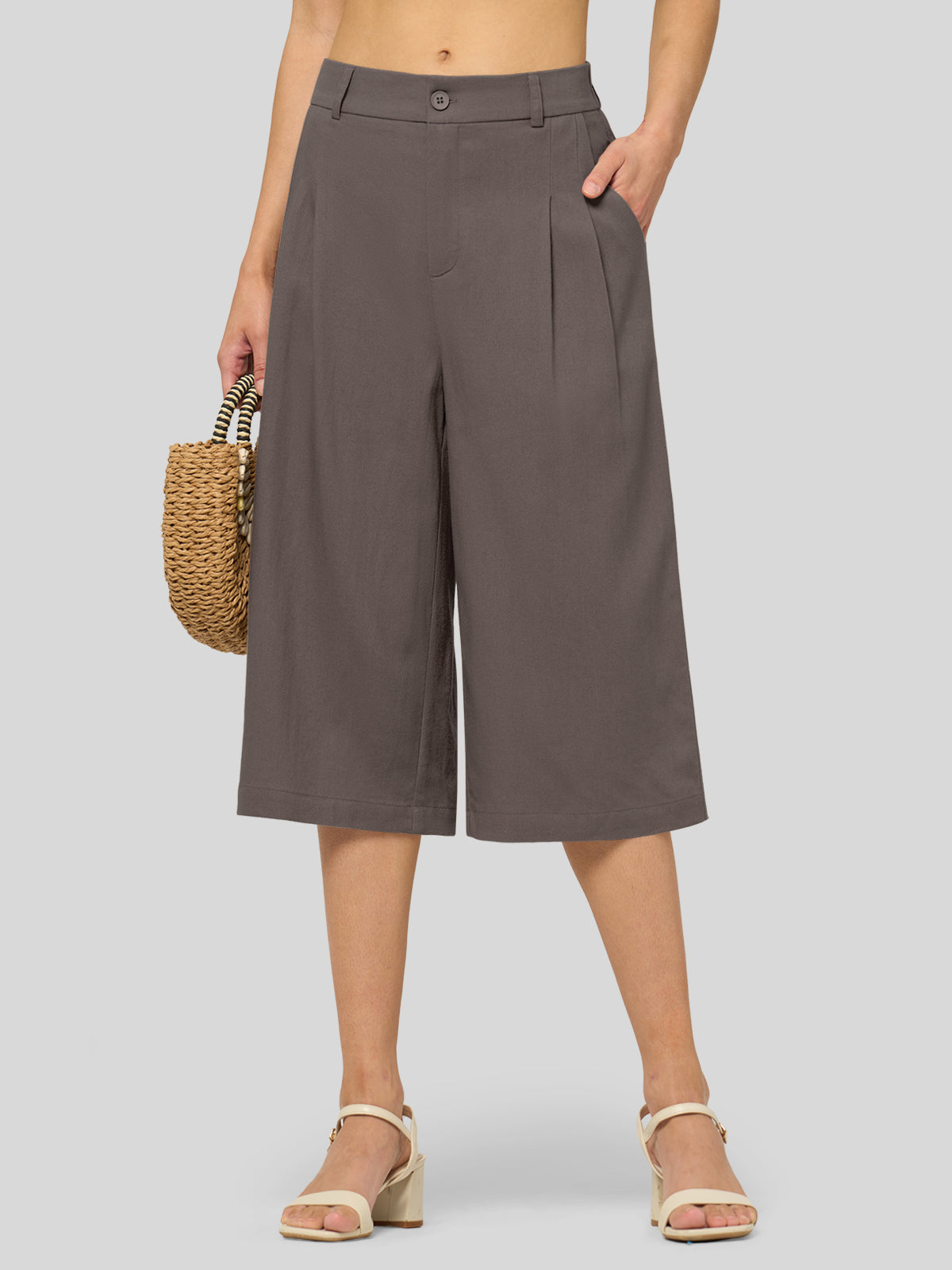 Willit Women's Cotton Linen Pleated Capri 16 Inch_steel gray