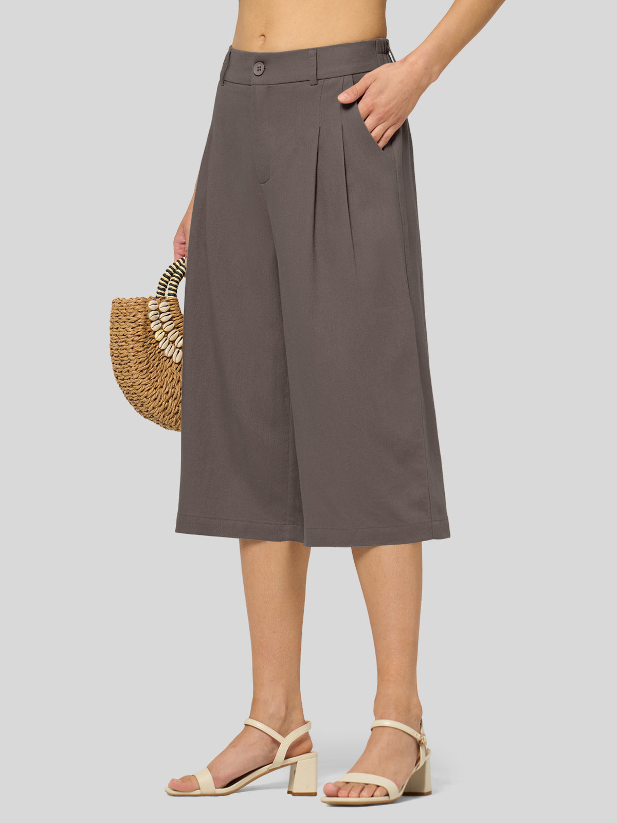 Willit Women's Cotton Linen Pleated Capri 16 Inch_steel gray