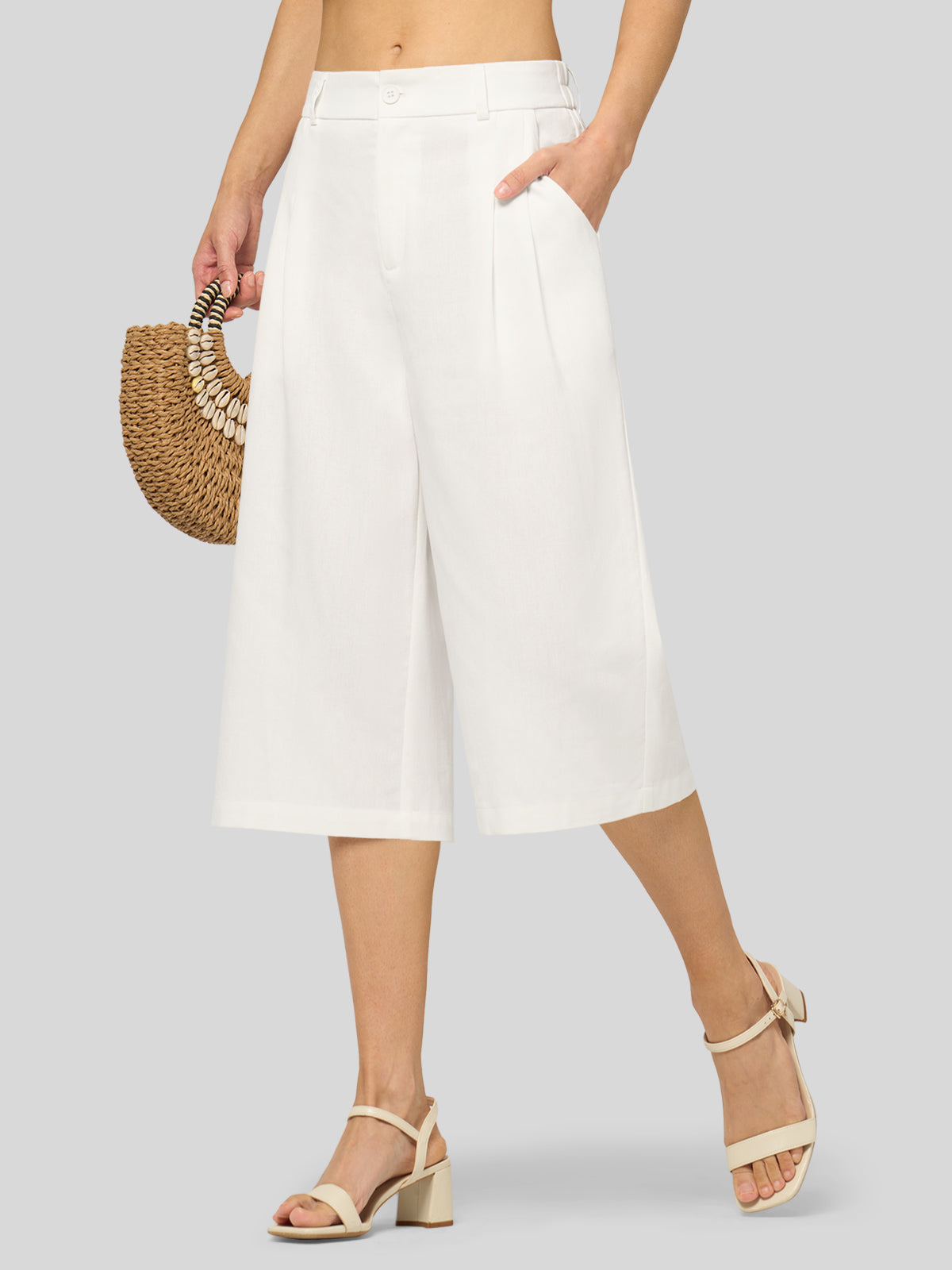 Willit Women's Cotton Linen Pleated Capri 16 Inch_white