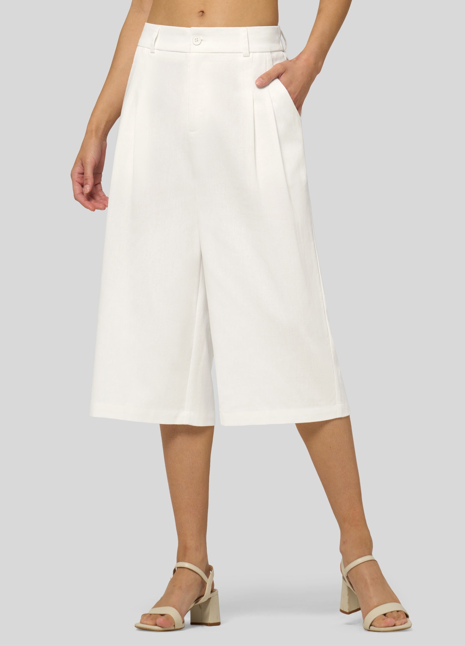 Willit Women's Cotton Linen Pleated Capri 16 Inch_white