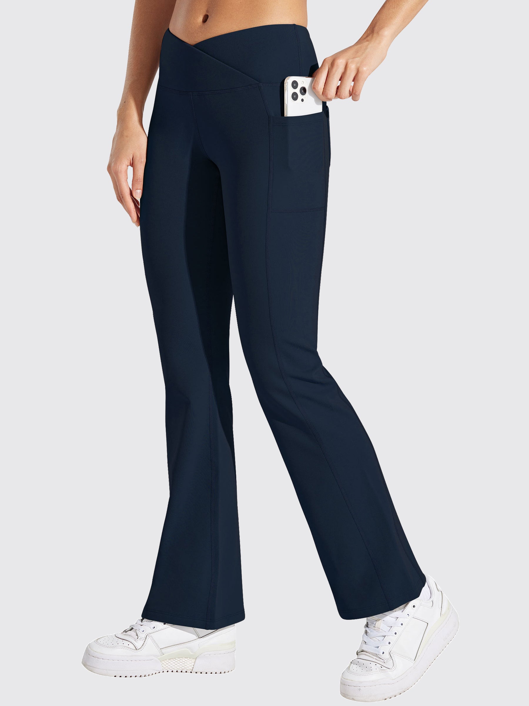 Womens Fleece Lined Crossover Flared Leggings deep blue