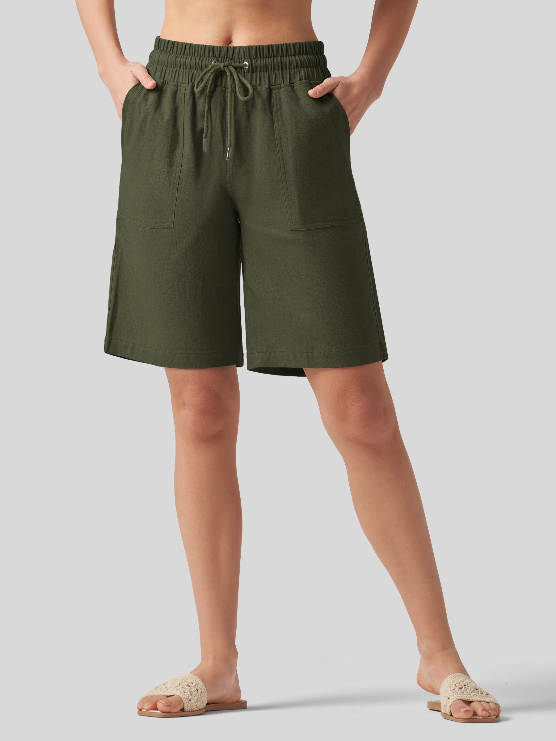 Willit Women's Linen Bermuda Shorts 10 Inch in armygreen1