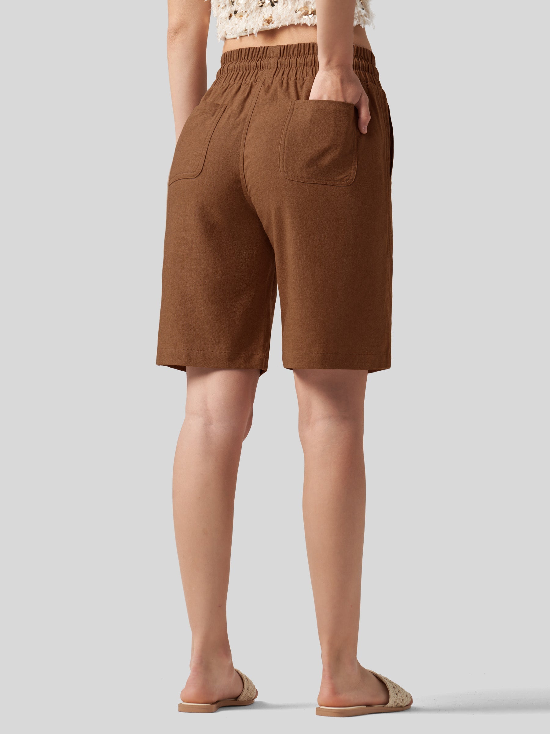 Willit Women's Linen Bermuda Shorts 10 Inch in caramel3