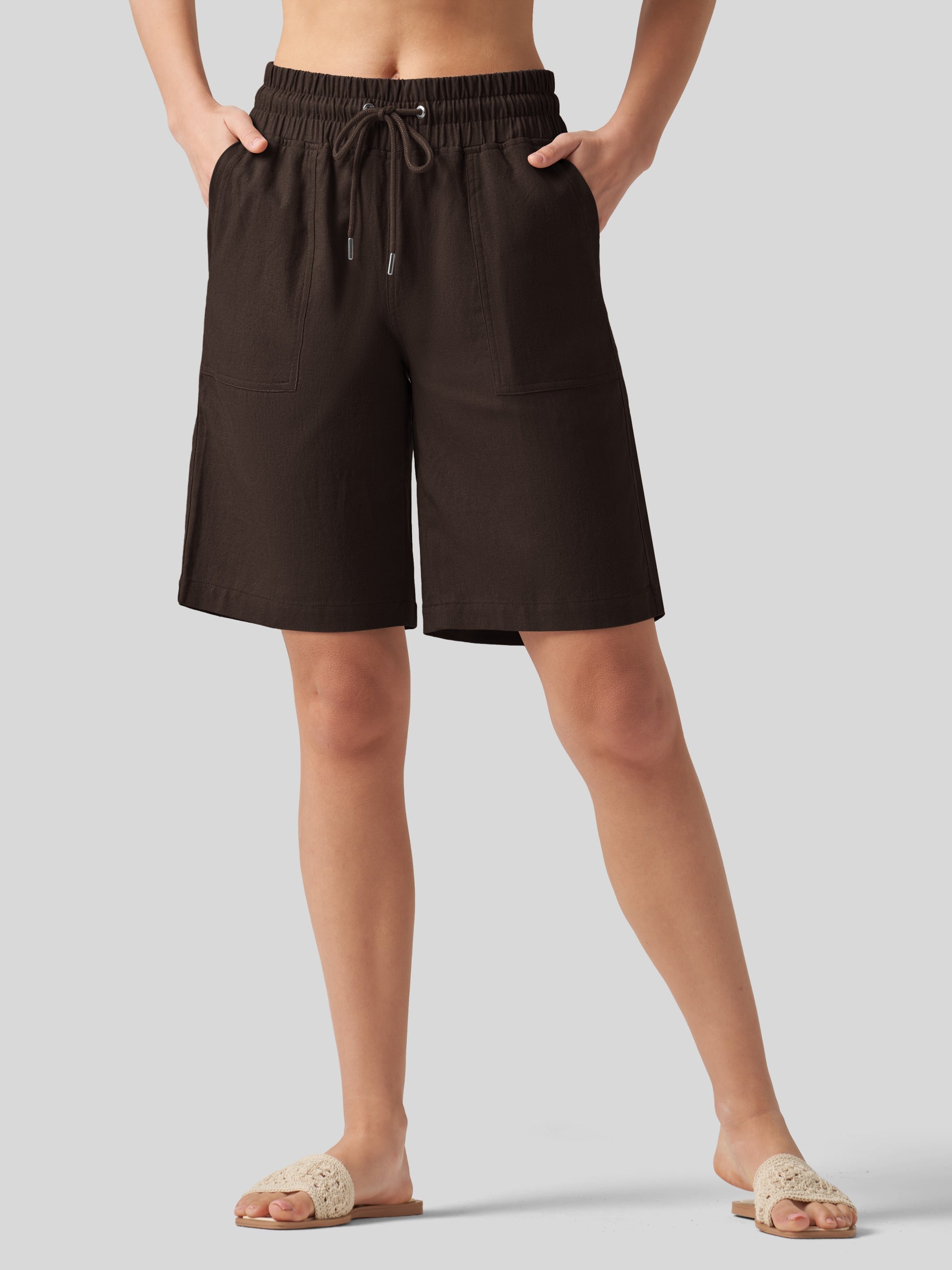 Willit Women's Linen Bermuda Shorts 10 Inch in dark brown1