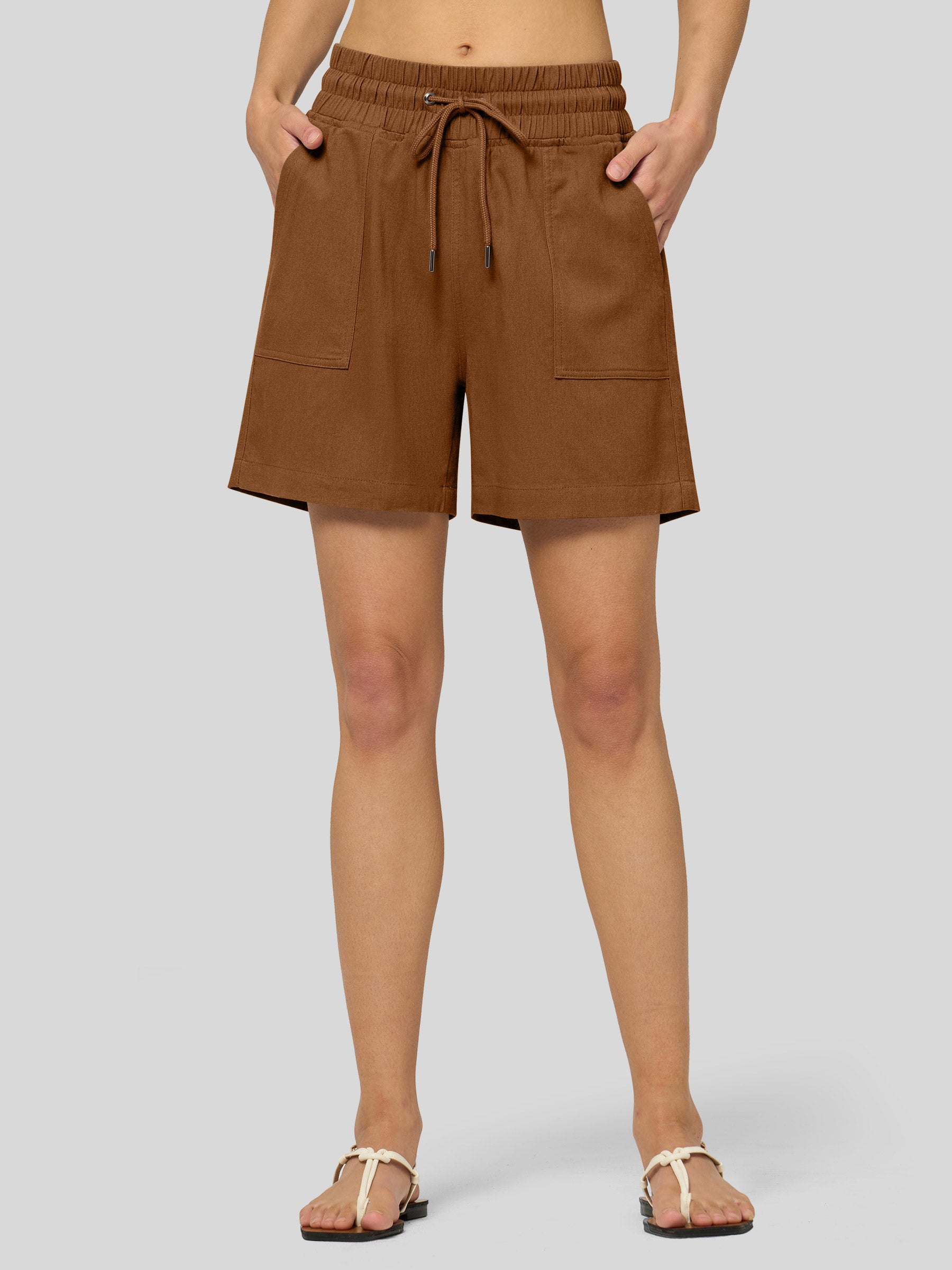 Willit Women's Linen Bermuda Shorts 5 Inch in caramel1