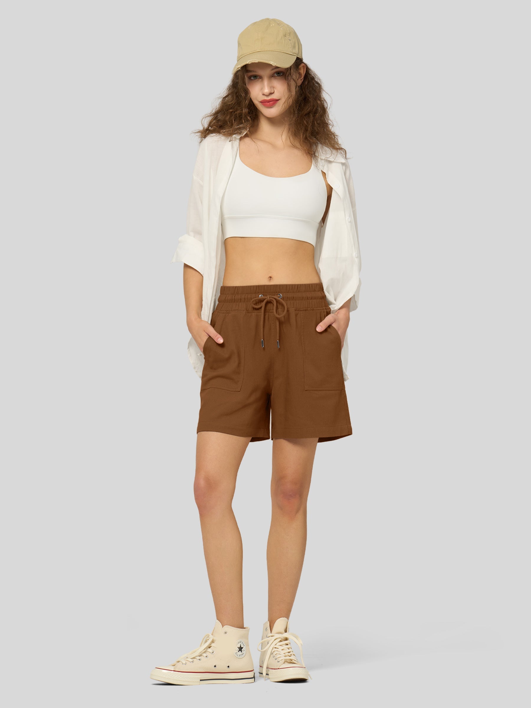 Willit Women's Linen Bermuda Shorts 5 Inch in caramel4