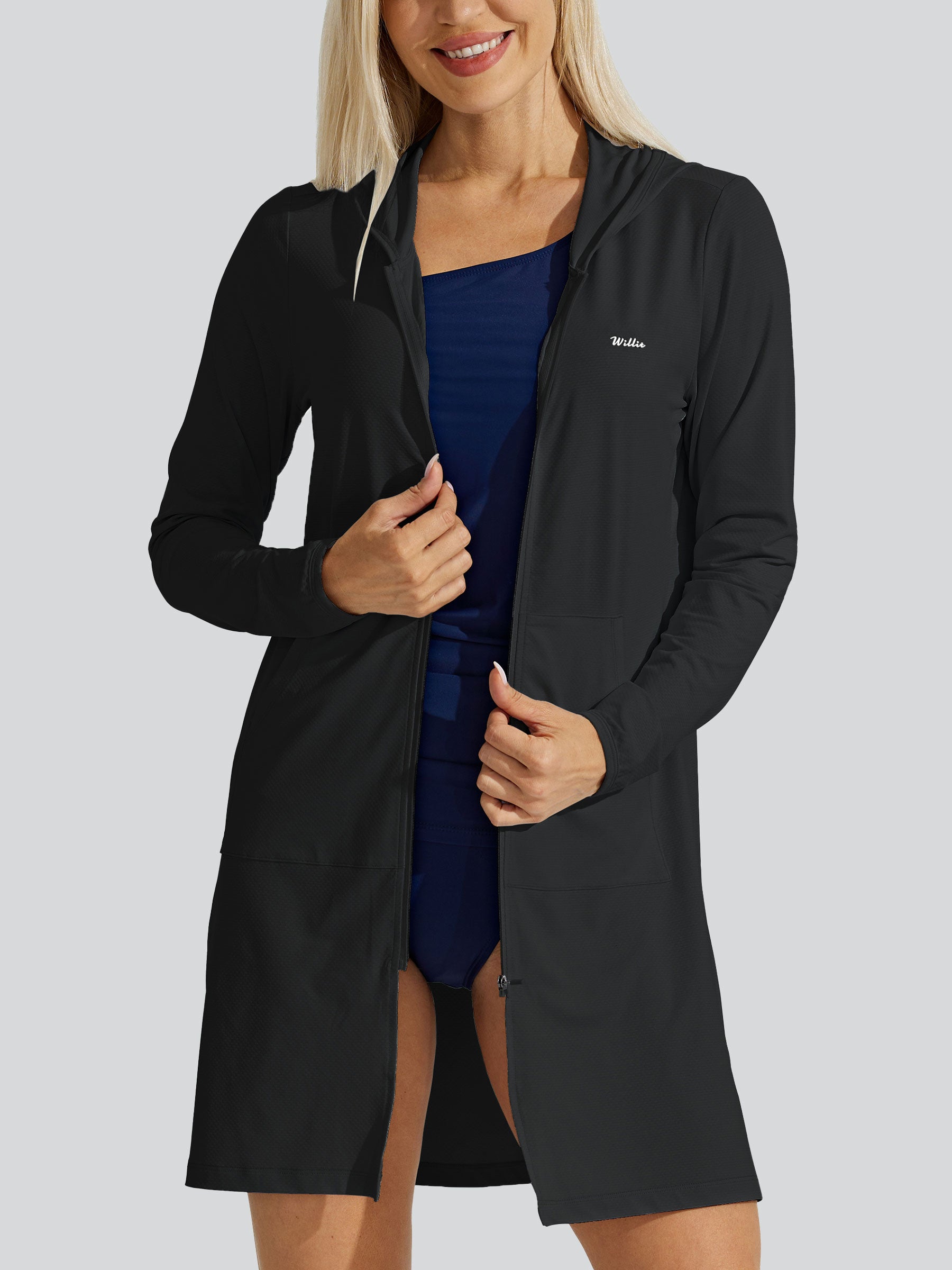 Women's Sun Protection Long Hoodie Jacket_Black_model1