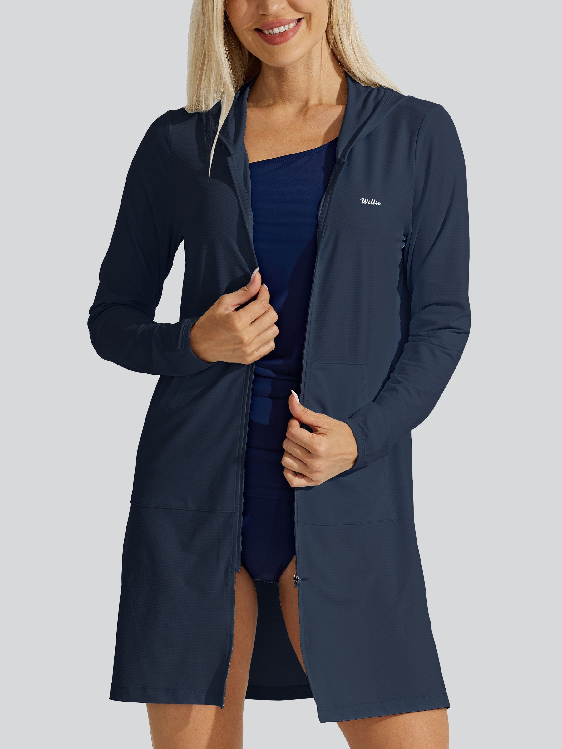 Women's Sun Protection Long Hoodie Jacket_Navy_model1