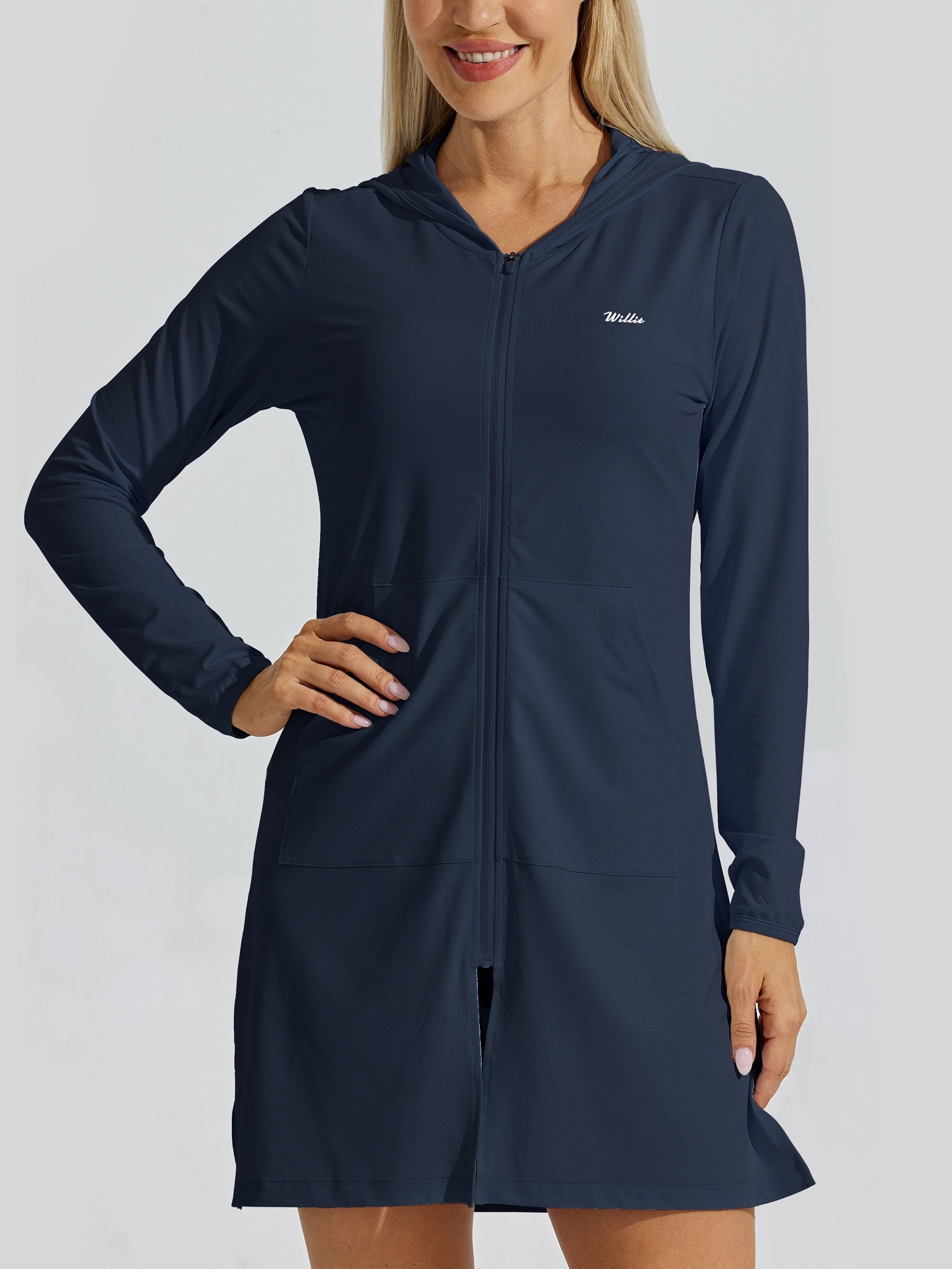 Women's Sun Protection Long Hoodie Jacket_Navy_model2