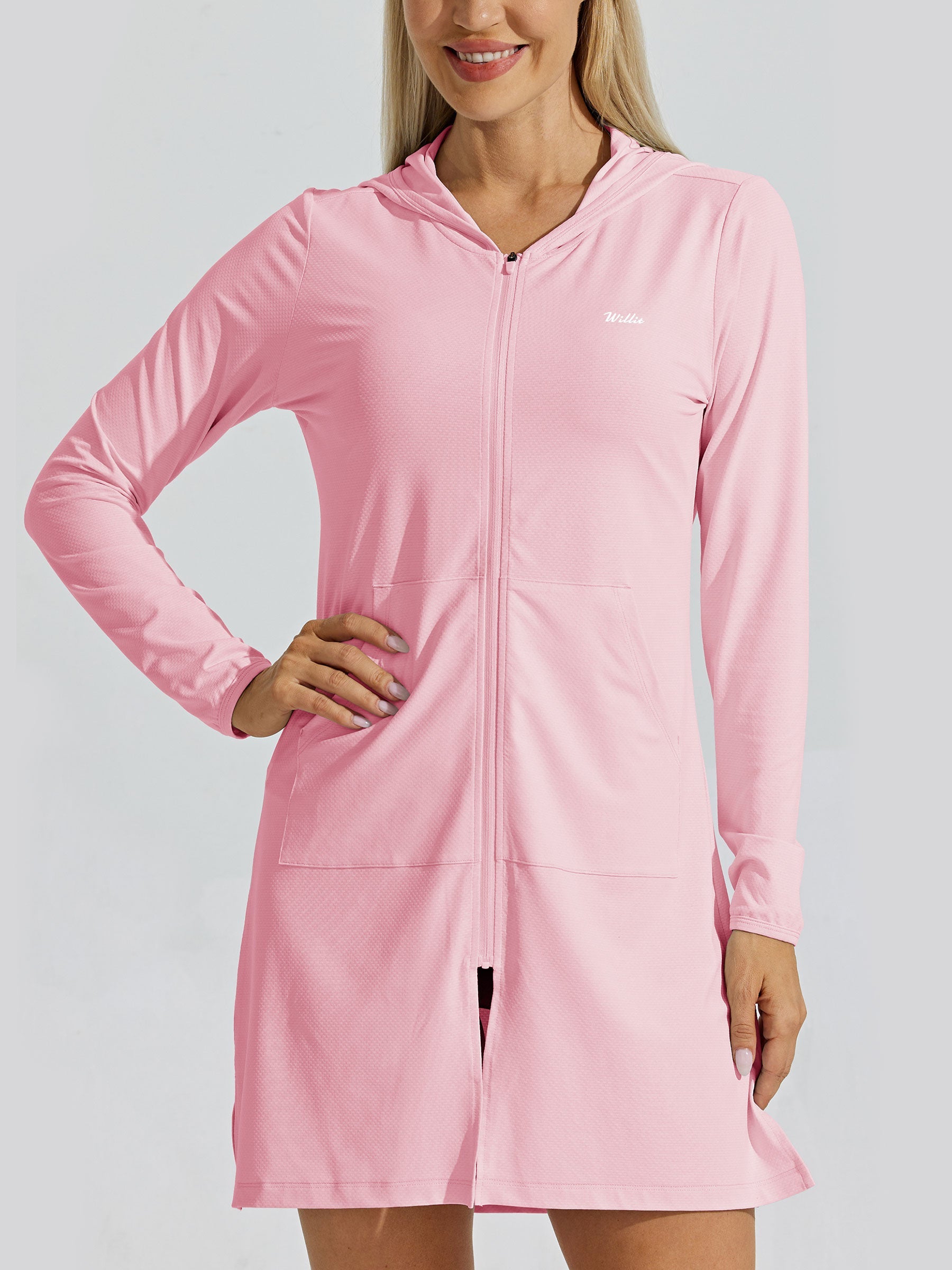 Women's Sun Protection Long Hoodie Jacket_Pink_model2