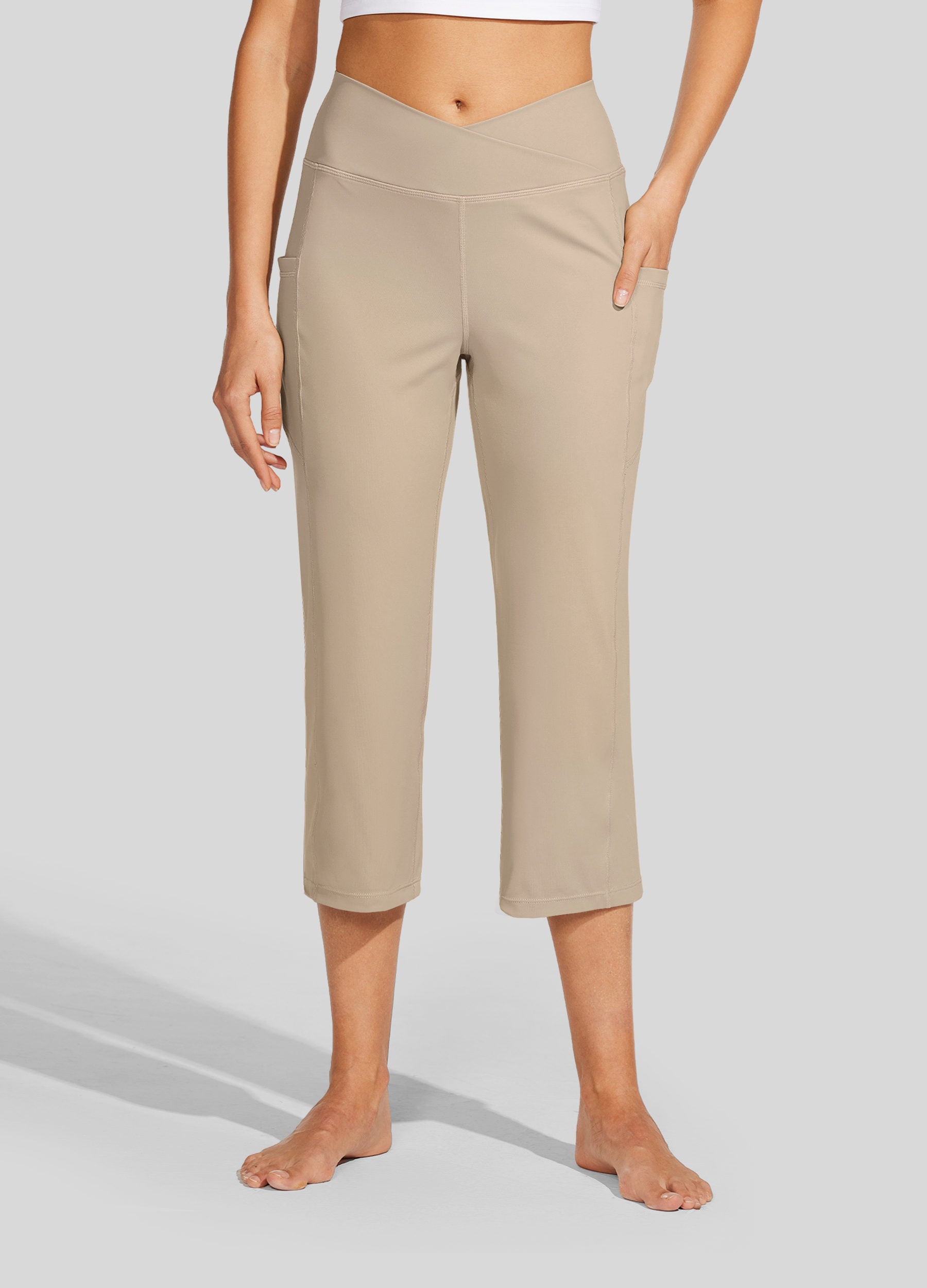 Womens Crossover Yoga Capris khaki