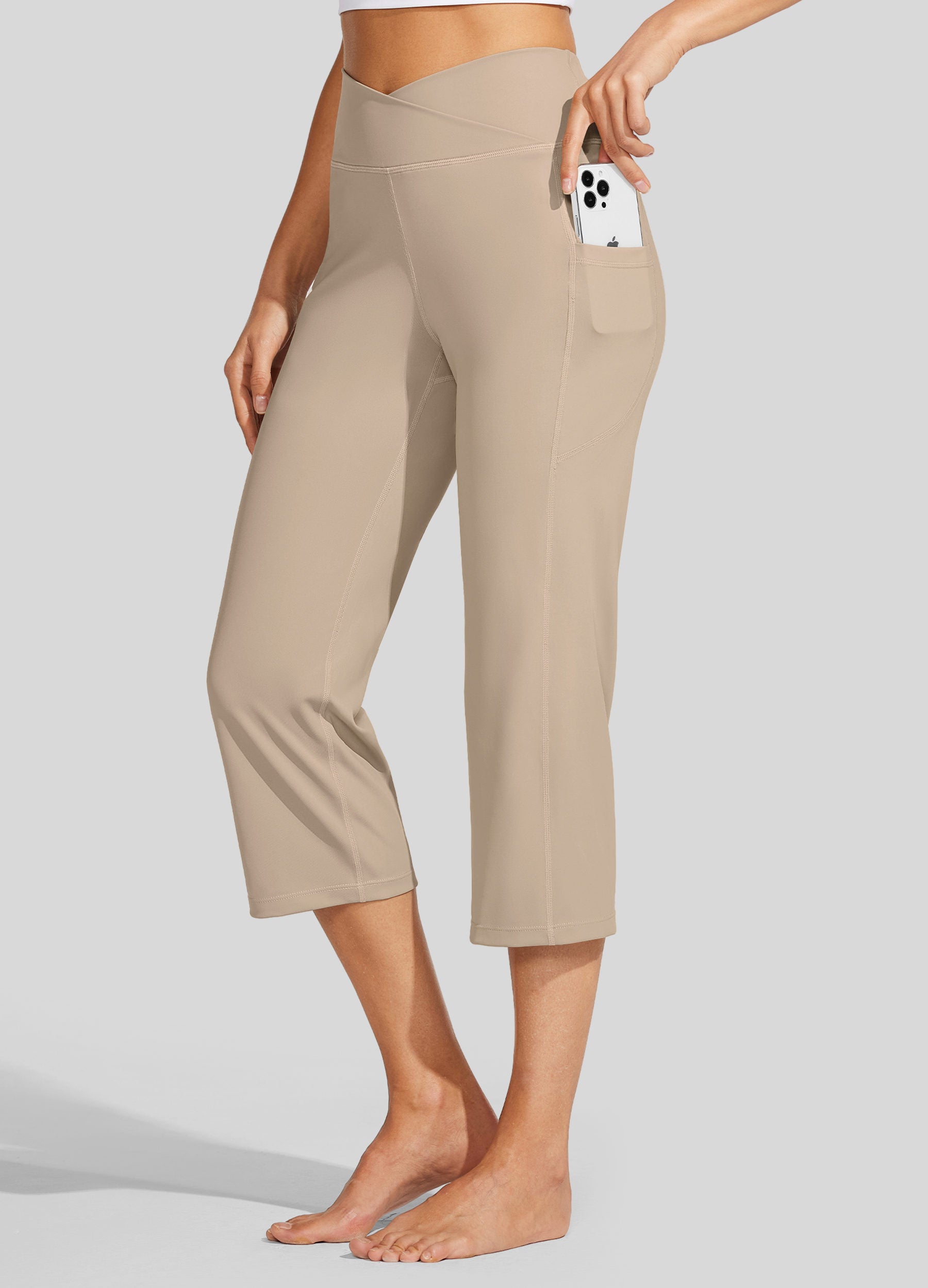 Womens Crossover Yoga Capris khaki