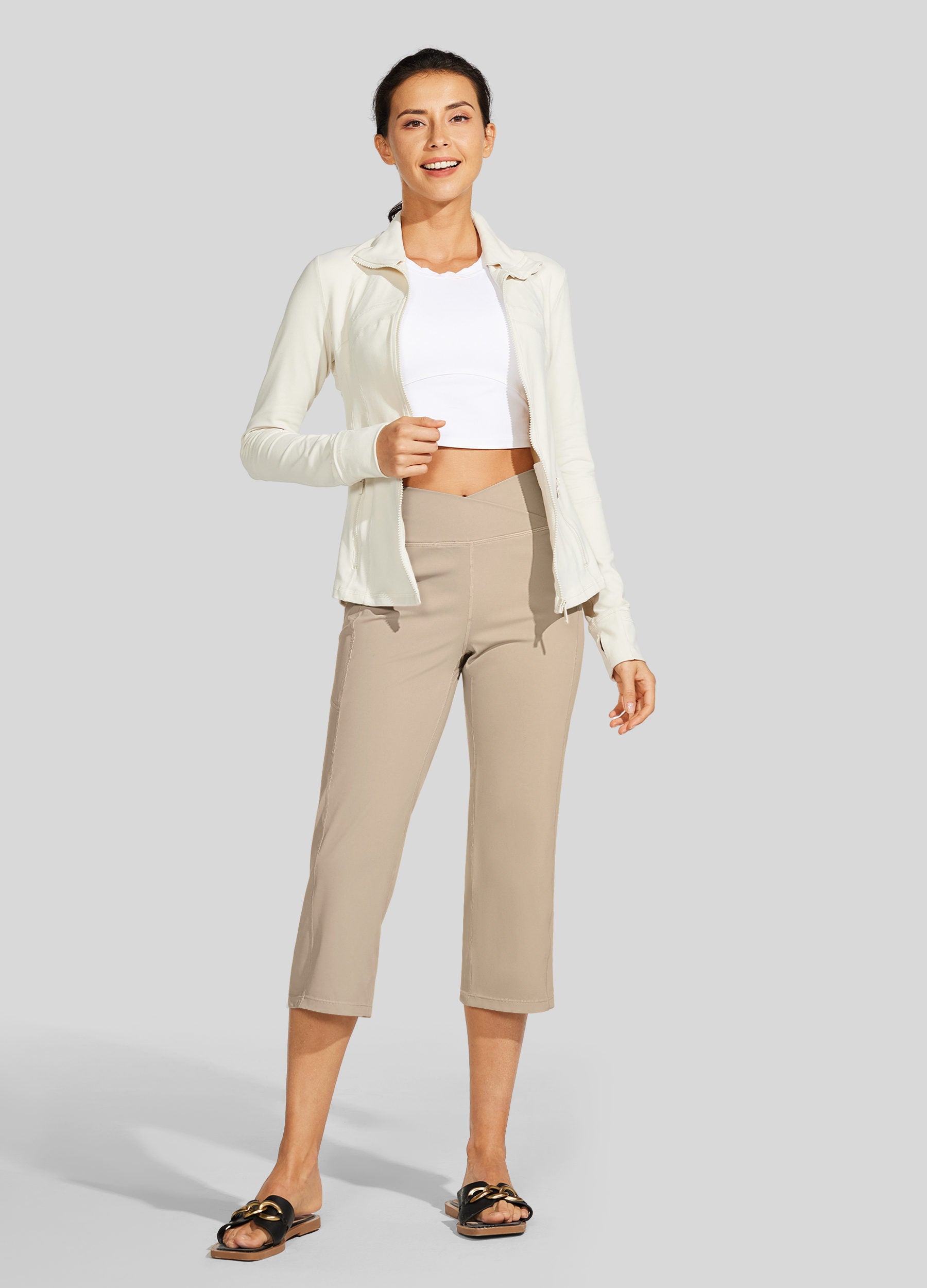 Womens Crossover Yoga Capris khaki