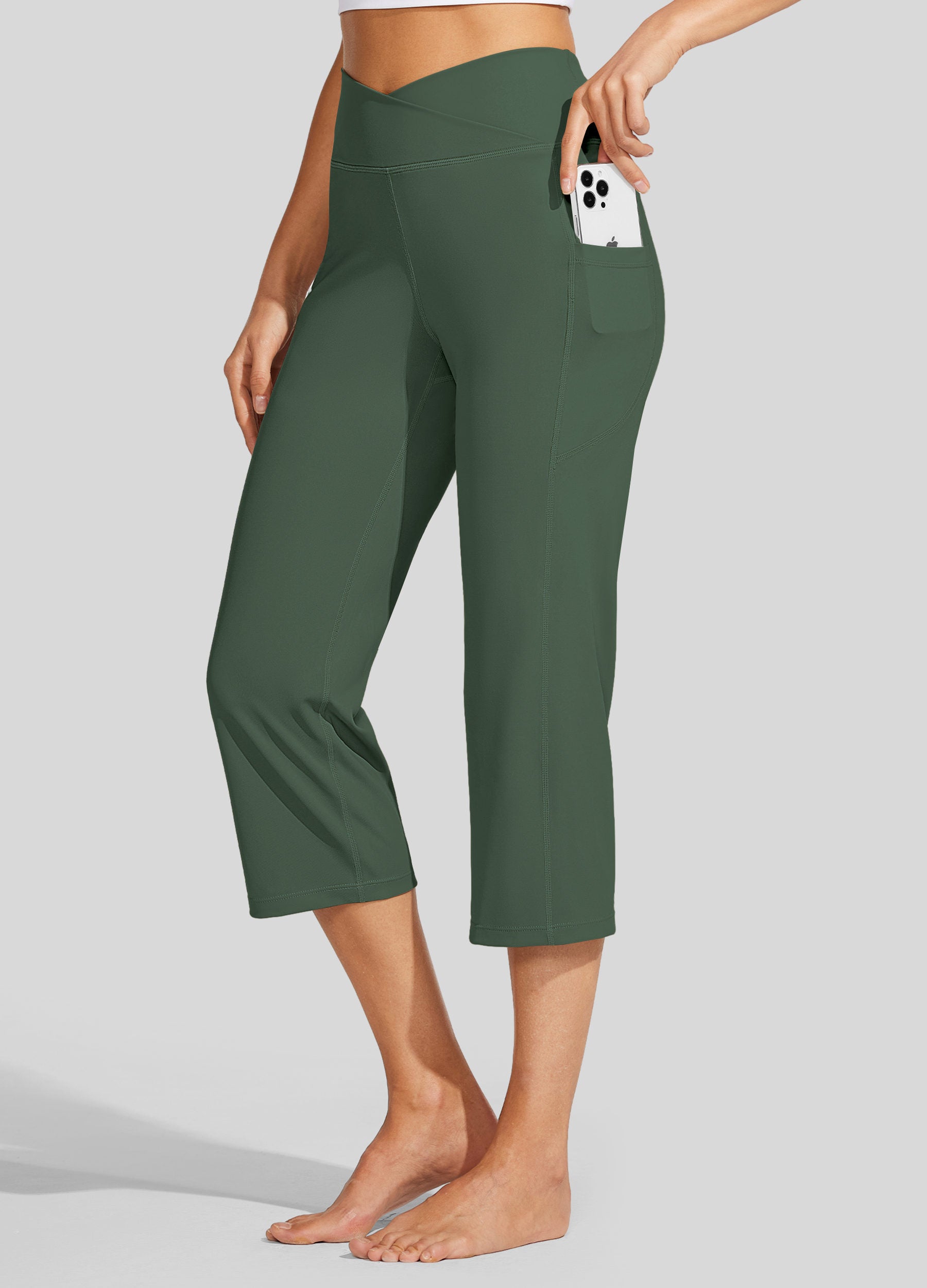 Womens Crossover Yoga Capris olive green
