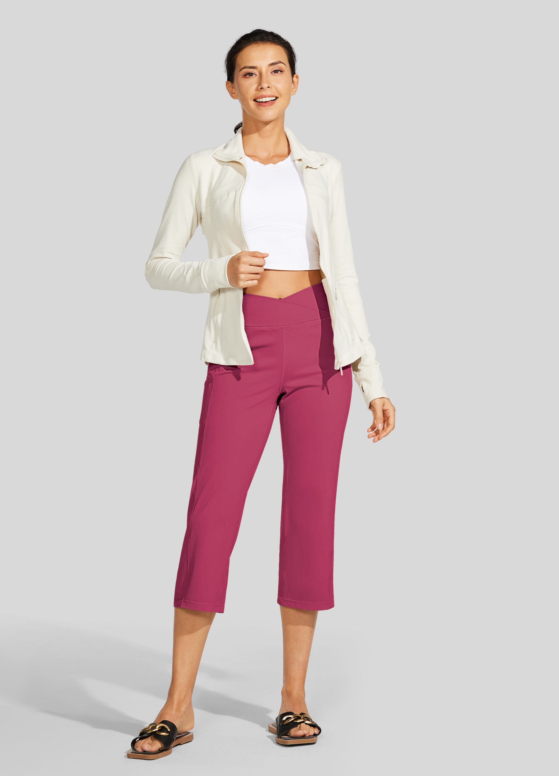 Womens Crossover Yoga Capris rose red