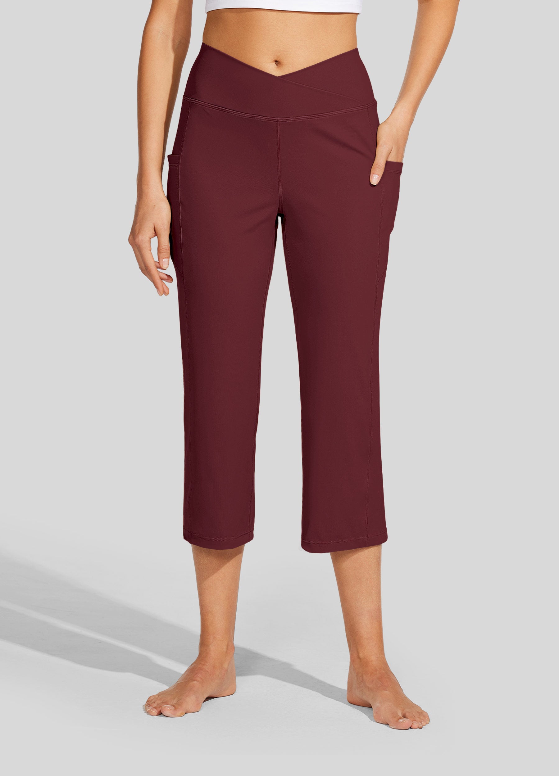 Womens Crossover Yoga Capris wine red