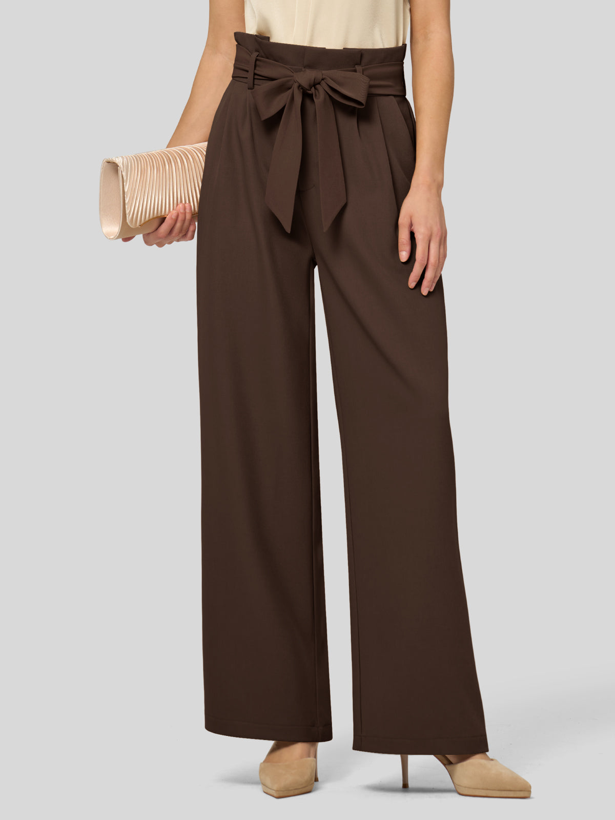 Willit Women's Wide-Leg Tie Knot Pants 32 Inch_deepbrown