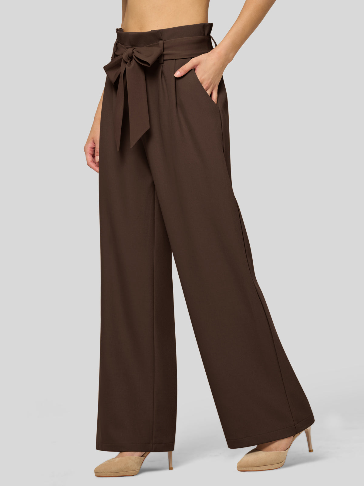 Willit Women's Wide-Leg Tie Knot Pants 32 Inch_deepbrown