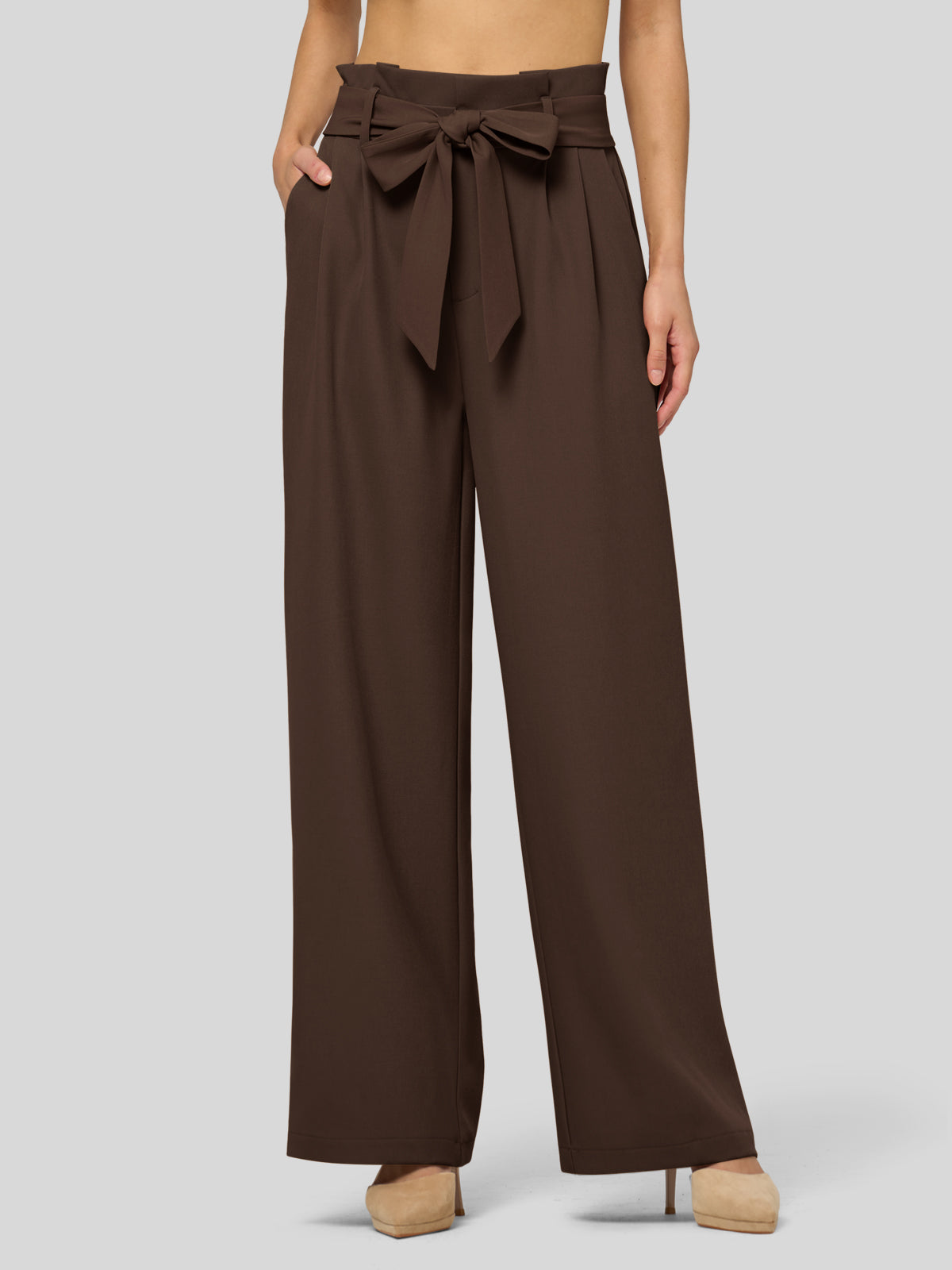 Willit Women's Wide-Leg Tie Knot Pants 30 Inch_deepbrown