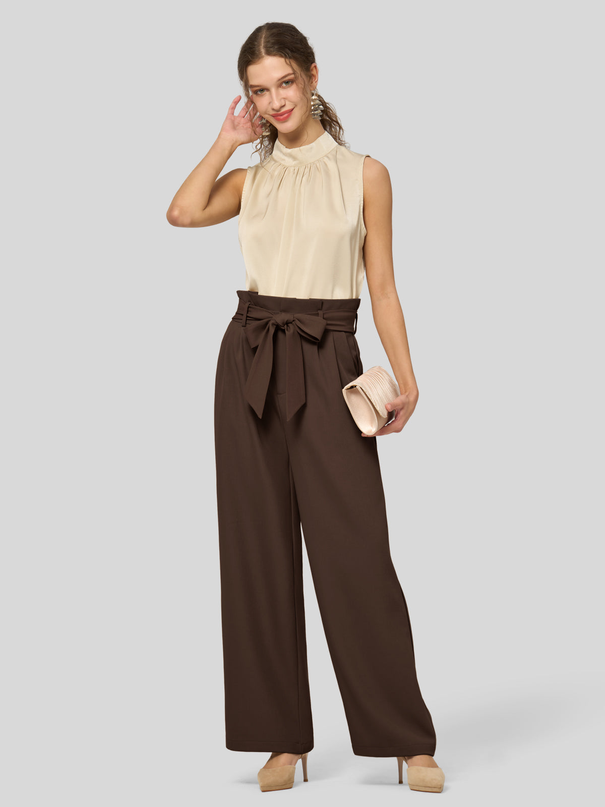 Willit Women's Wide-Leg Tie Knot Pants 30 Inch_deepbrown