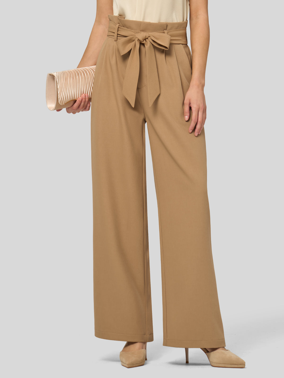 Willit Women's Wide-Leg Tie Knot Pants 32 Inch_deepkhaki