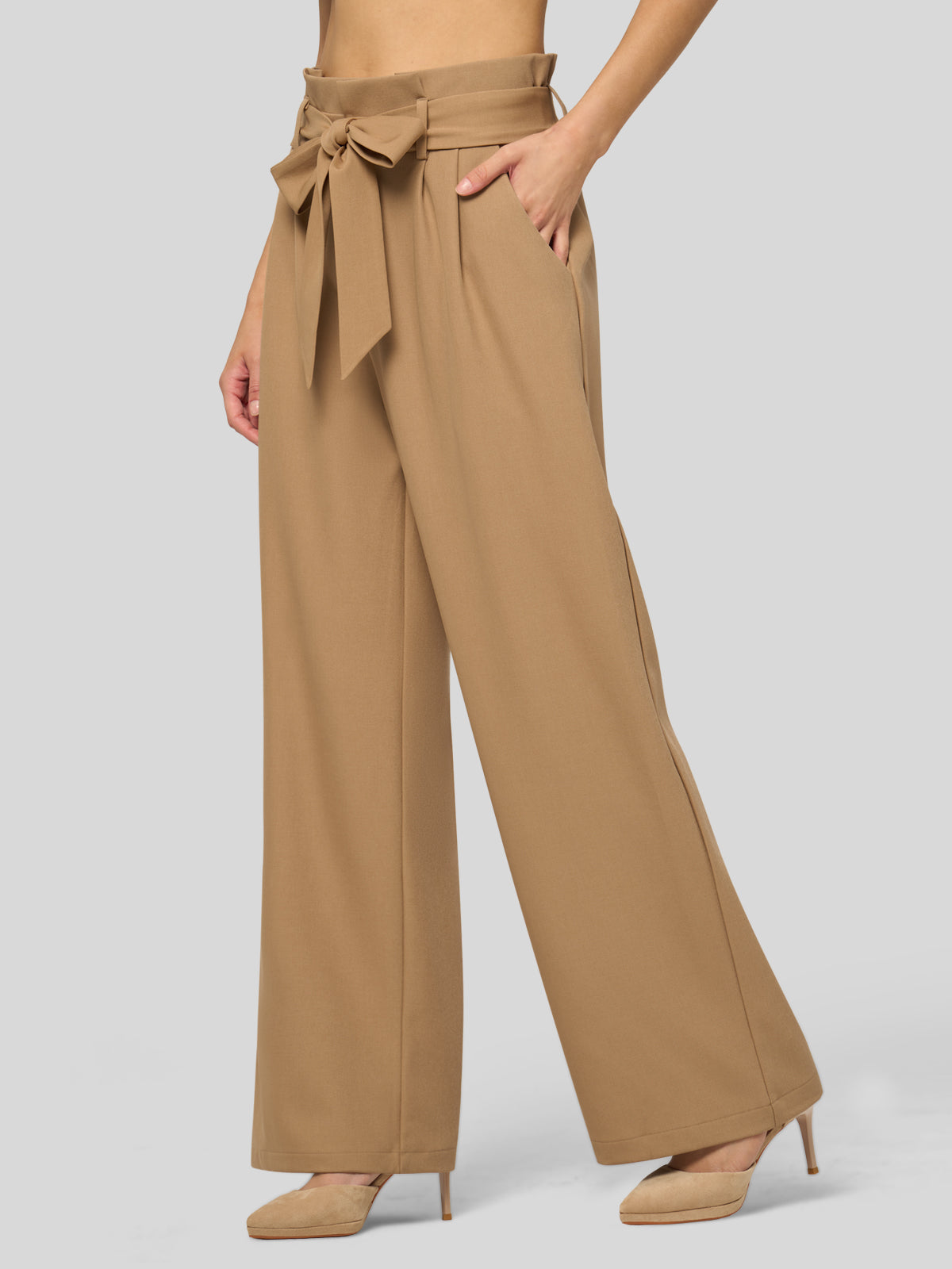 Willit Women's Wide-Leg Tie Knot Pants 32 Inch_deepkhaki