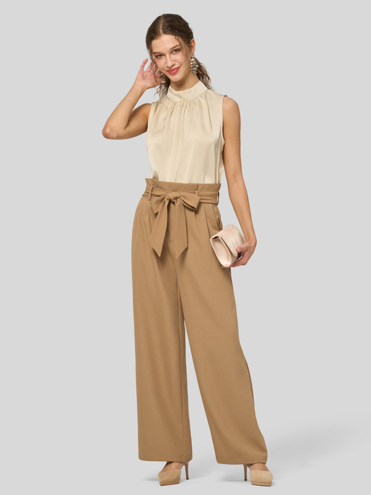 Willit Women's Wide-Leg Tie Knot Pants 32 Inch_deepkhaki