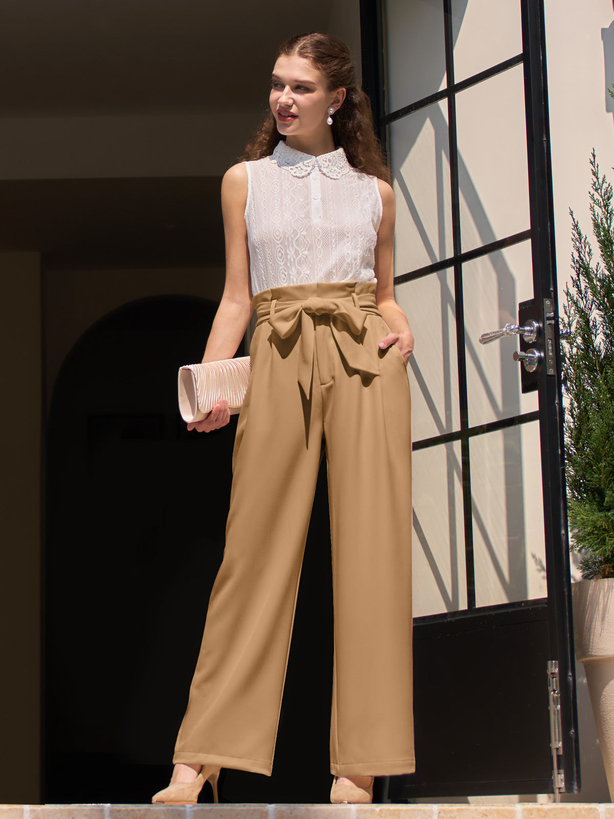 Willit Women's Wide-Leg Tie Knot Pants 32 Inch_deepkhaki