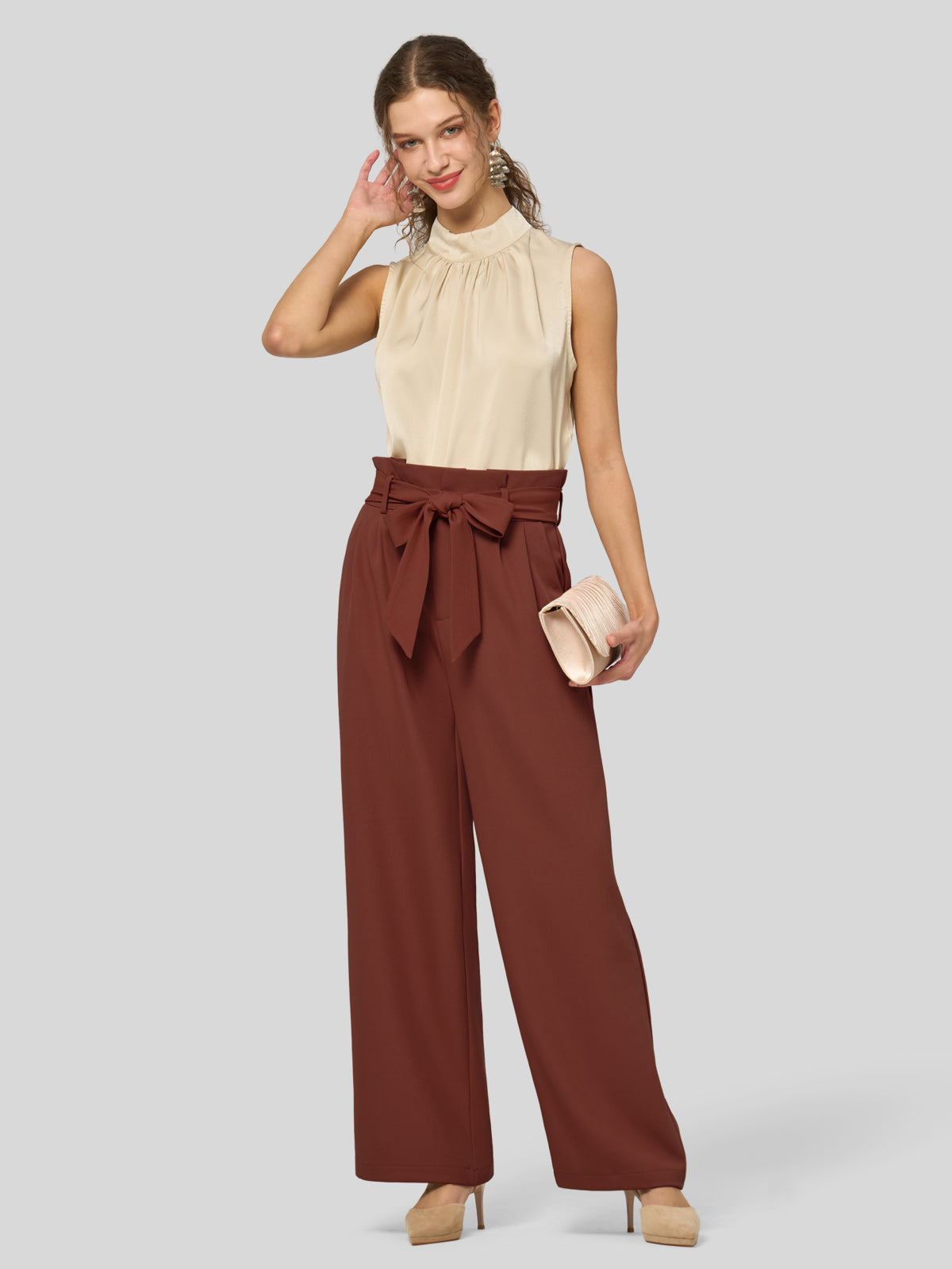 Willit Women's Wide-Leg Tie Knot Pants 32 Inch_rust
