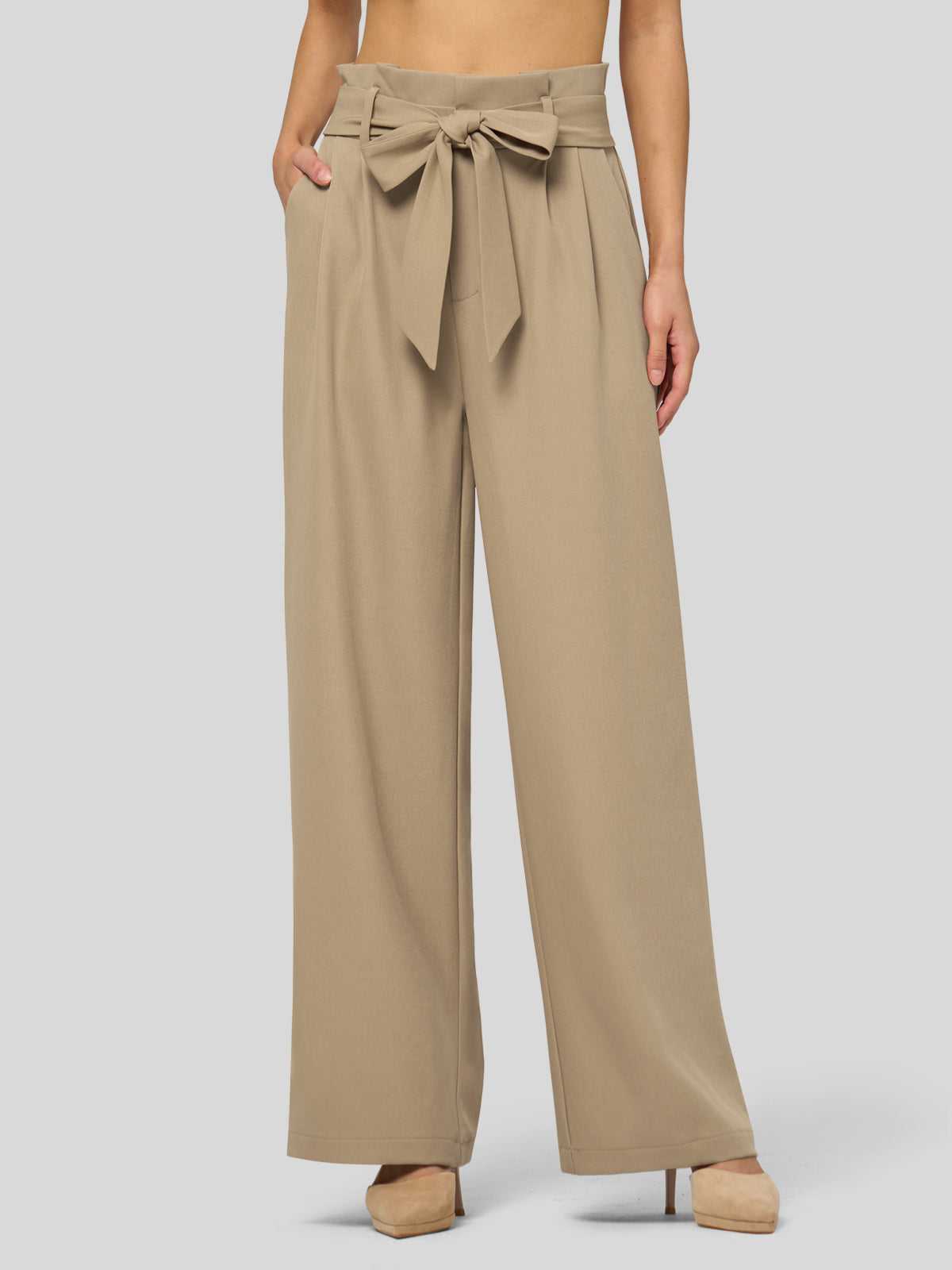 Willit Women's Wide-Leg Tie Knot Pants 30 Inch_tan