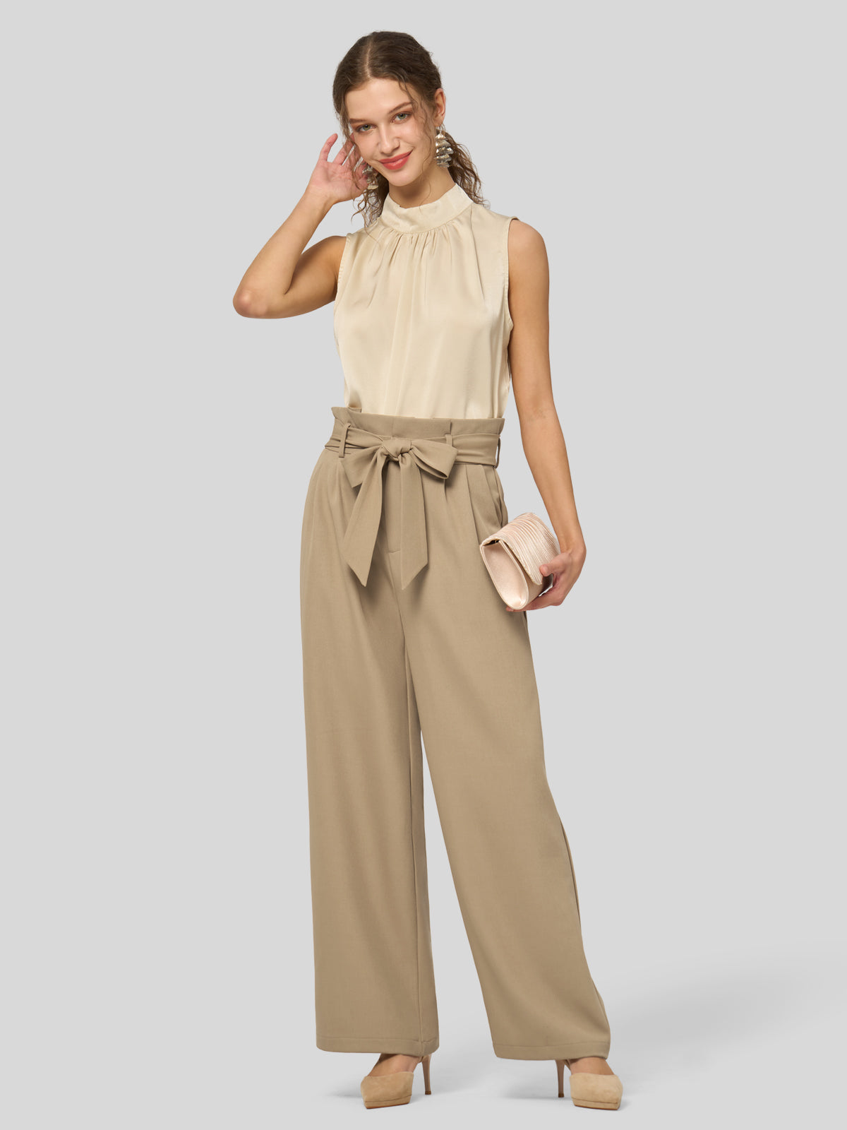 Willit Women's Wide-Leg Tie Knot Pants 32 Inch_tan