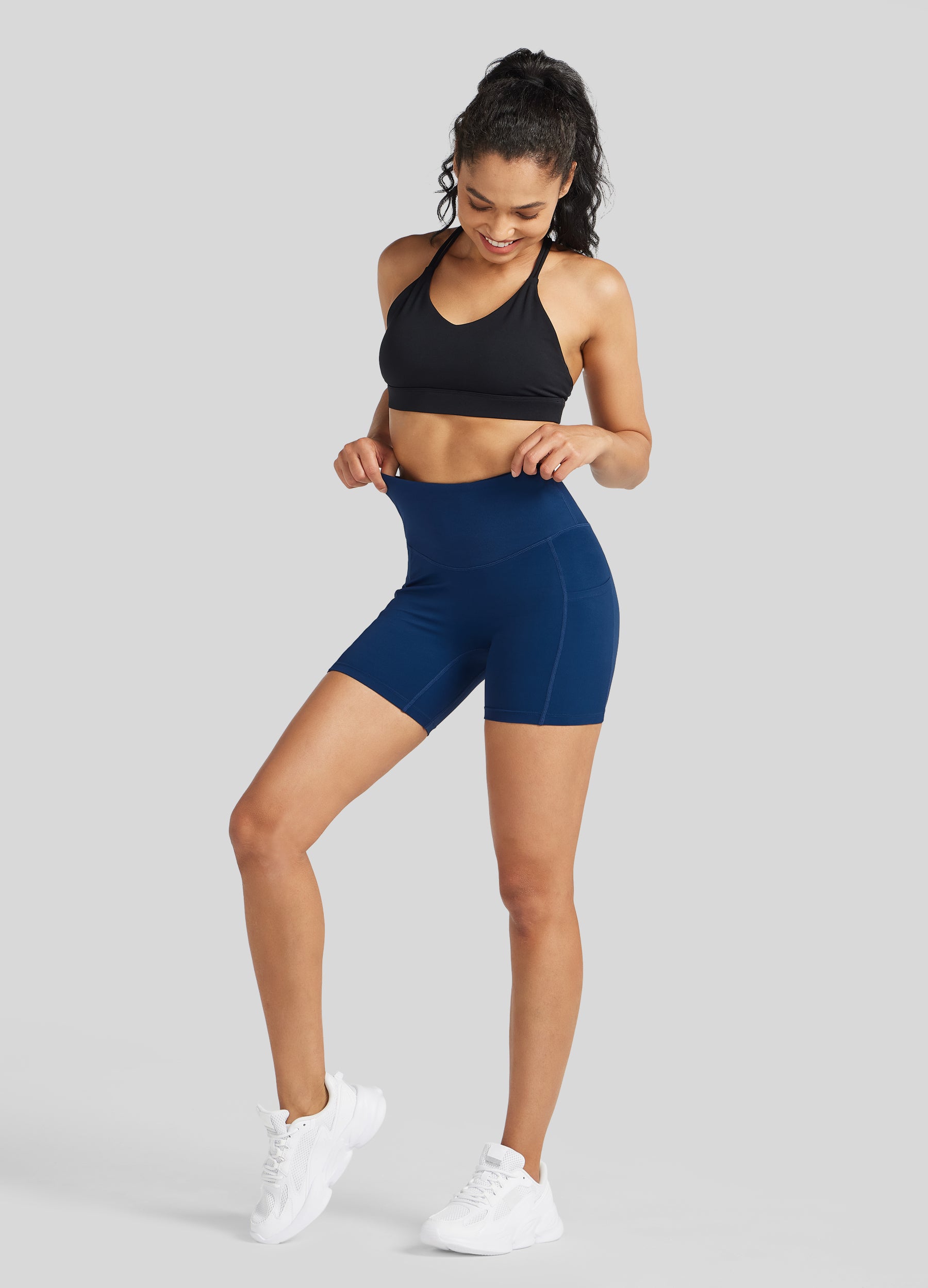 Womens Yoga Shorts with Pockets 5 Inch deep blue