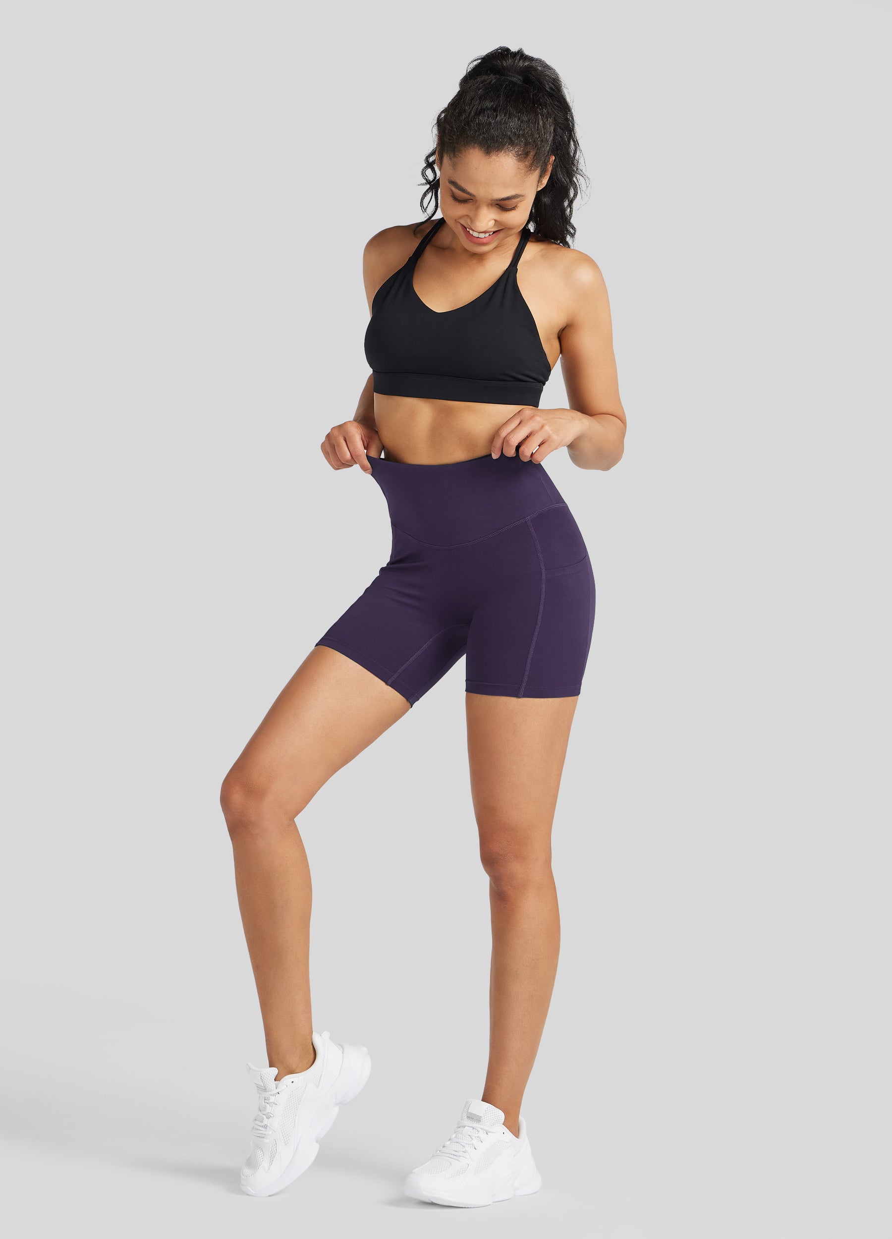 Womens Yoga Shorts with Pockets 5 Inch deep purple